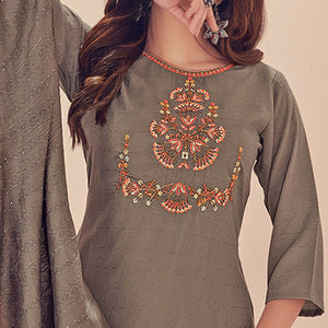 Coffee Embroidered With Embellished Chiffon Kurti Pant Set With Dupatta - Peachmode