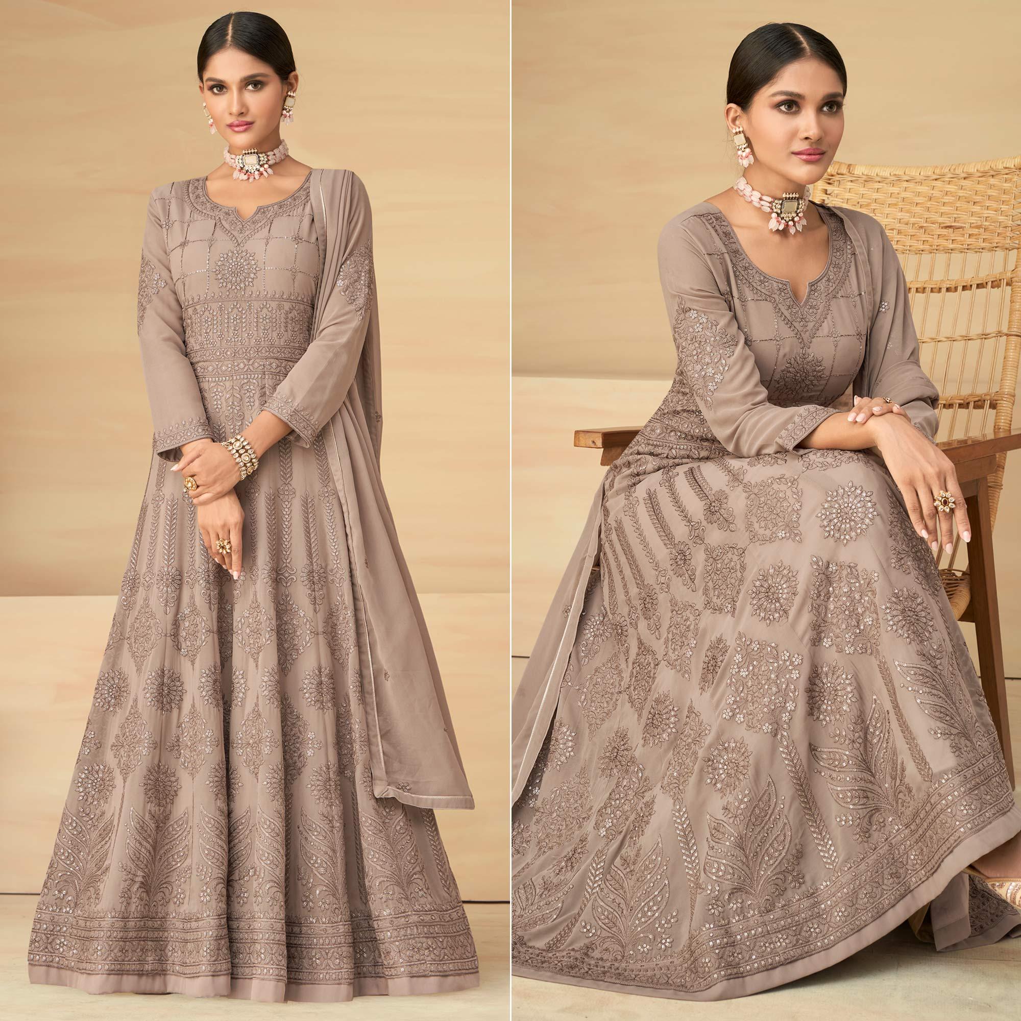 Coffee Embroidery With Embellished Work Georgette Partywear Gown - Peachmode