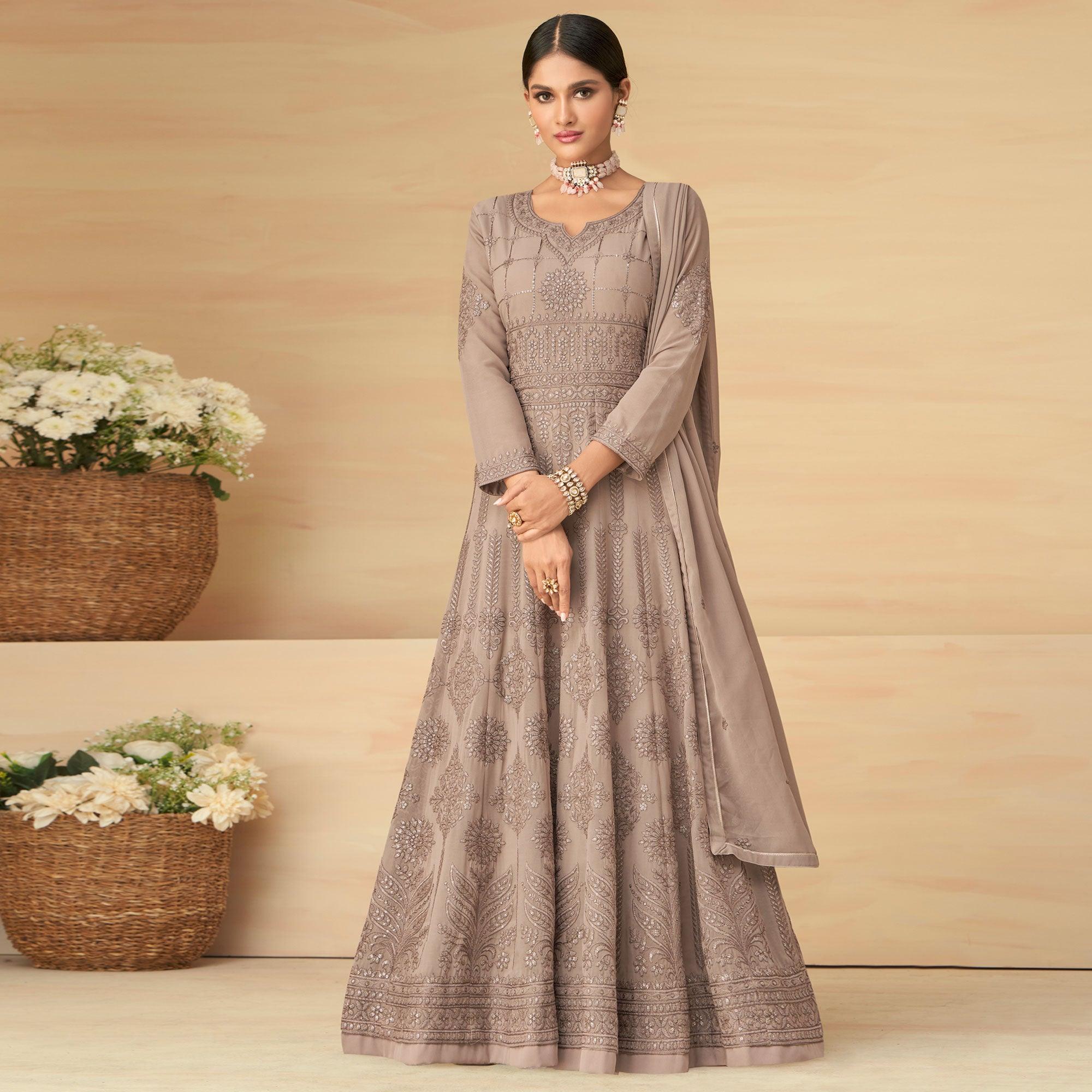 Coffee Embroidery With Embellished Work Georgette Partywear Gown - Peachmode