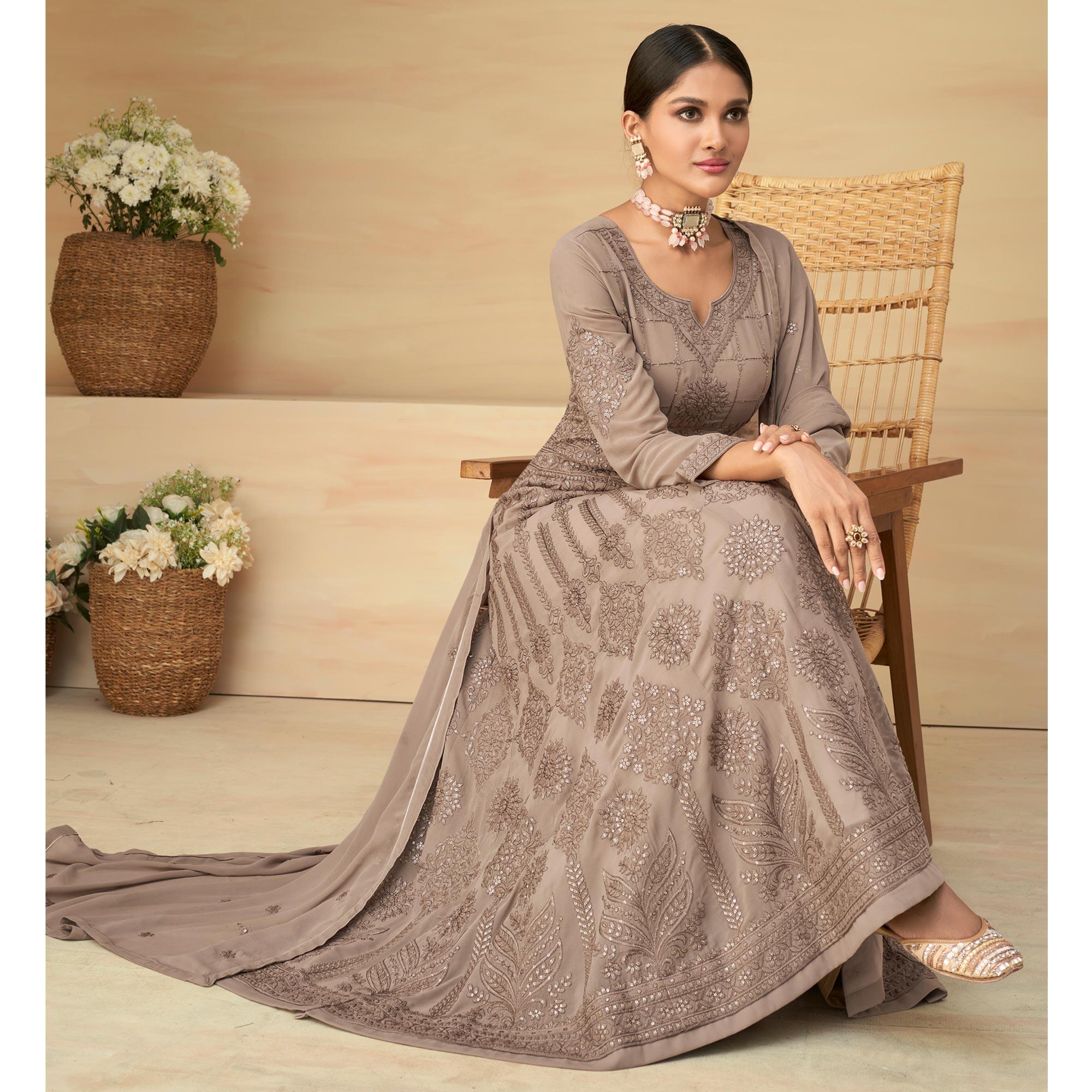 Coffee Embroidery With Embellished Work Georgette Partywear Gown - Peachmode