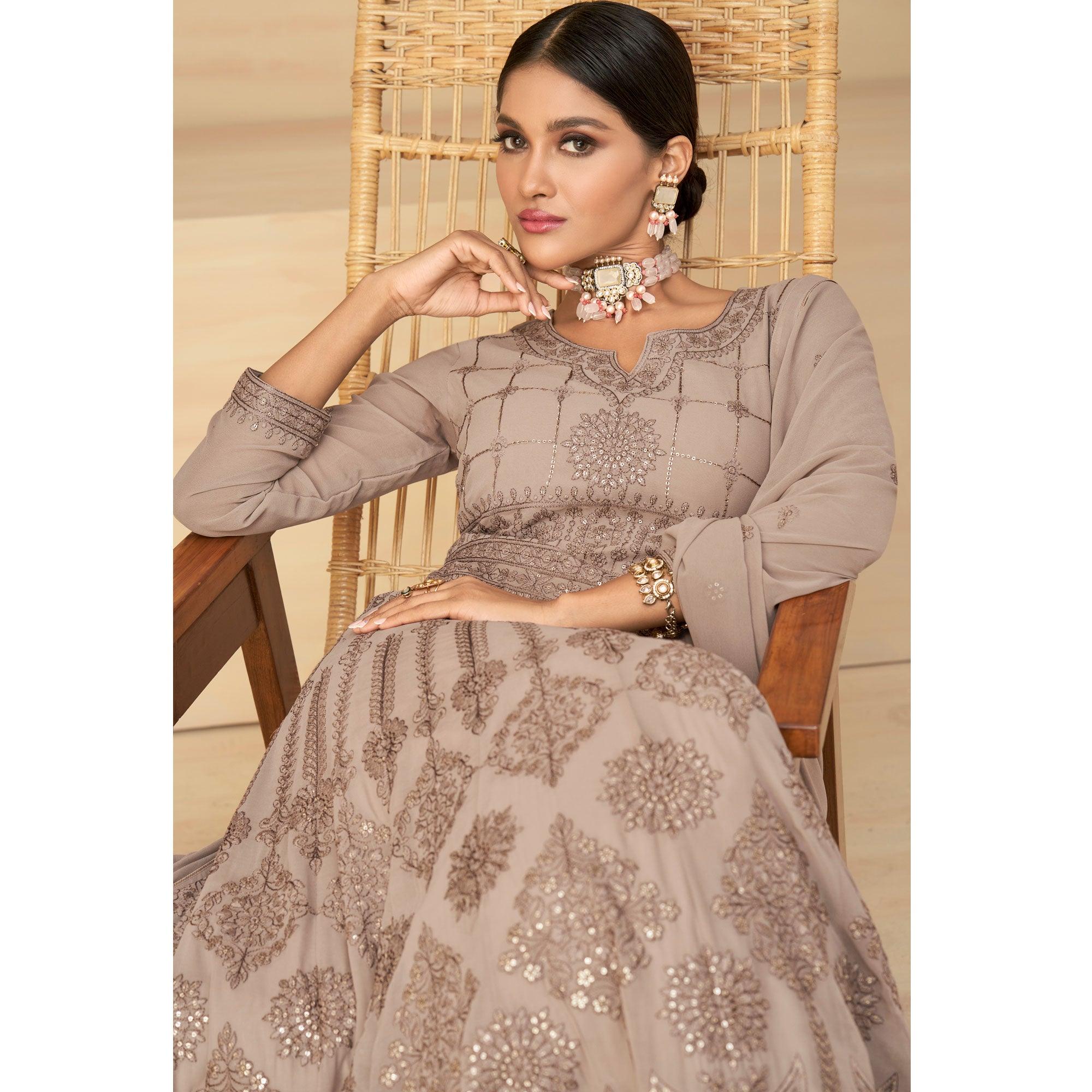 Coffee Embroidery With Embellished Work Georgette Partywear Gown - Peachmode