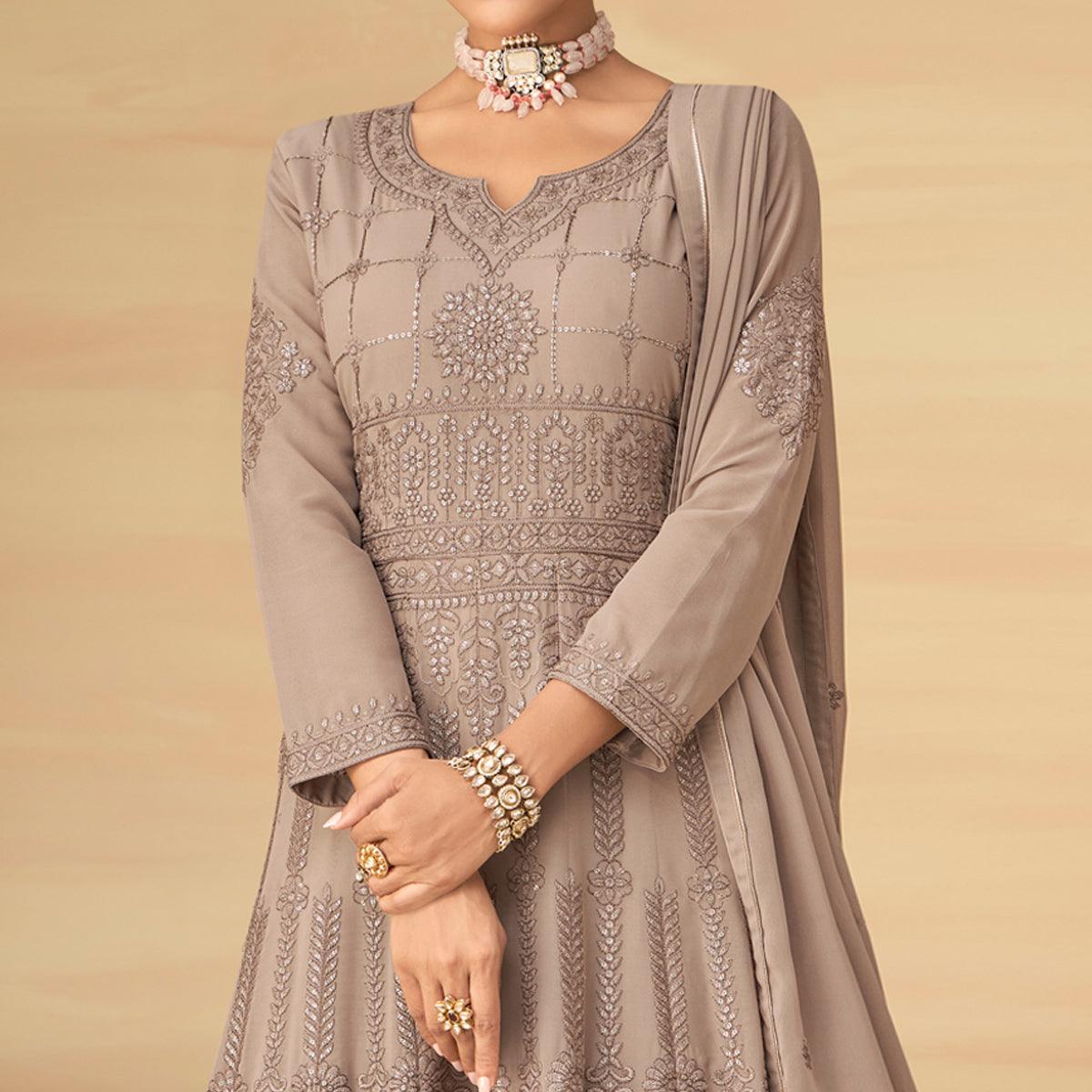Coffee Embroidery With Embellished Work Georgette Partywear Gown - Peachmode