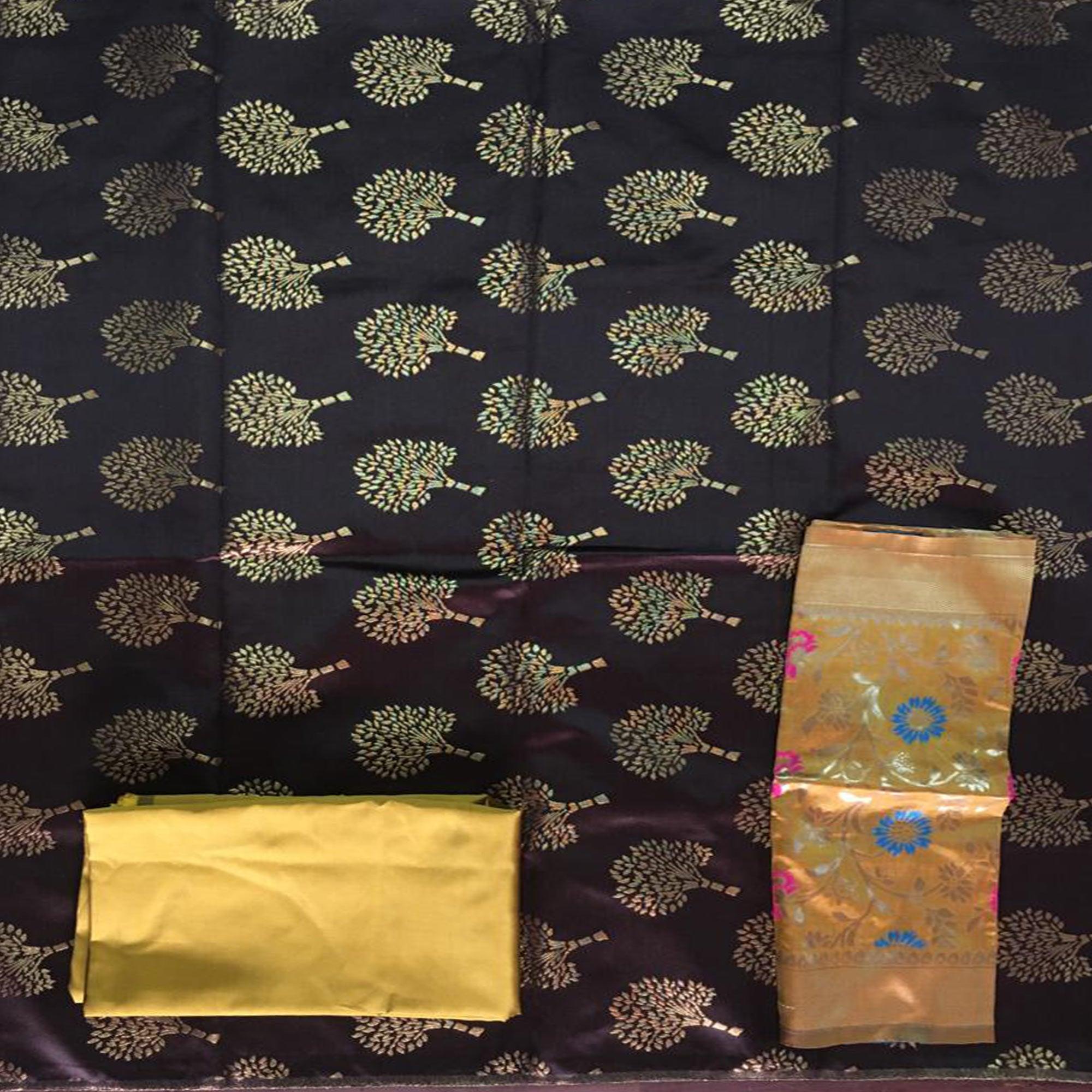 Coffee Festive Wear Embroidered Banarasi Silk Dress Material - Peachmode