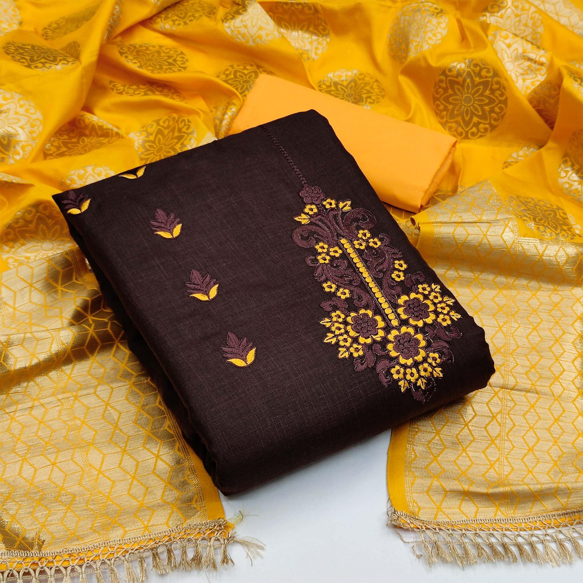 Coffee Festive Wear Embroidered Cotton Dress Material - Peachmode