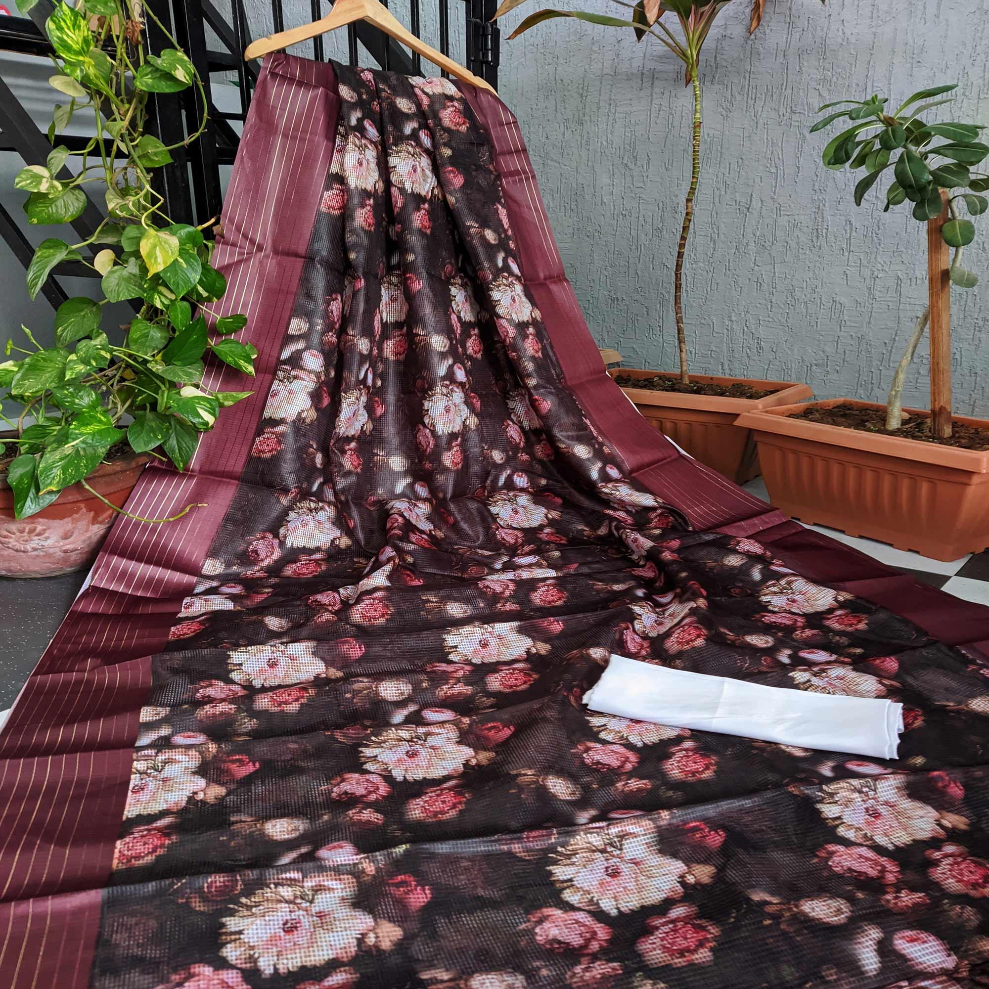 Coffee Festive Wear Floral Digital Print With Woven Border Silk Saree - Peachmode
