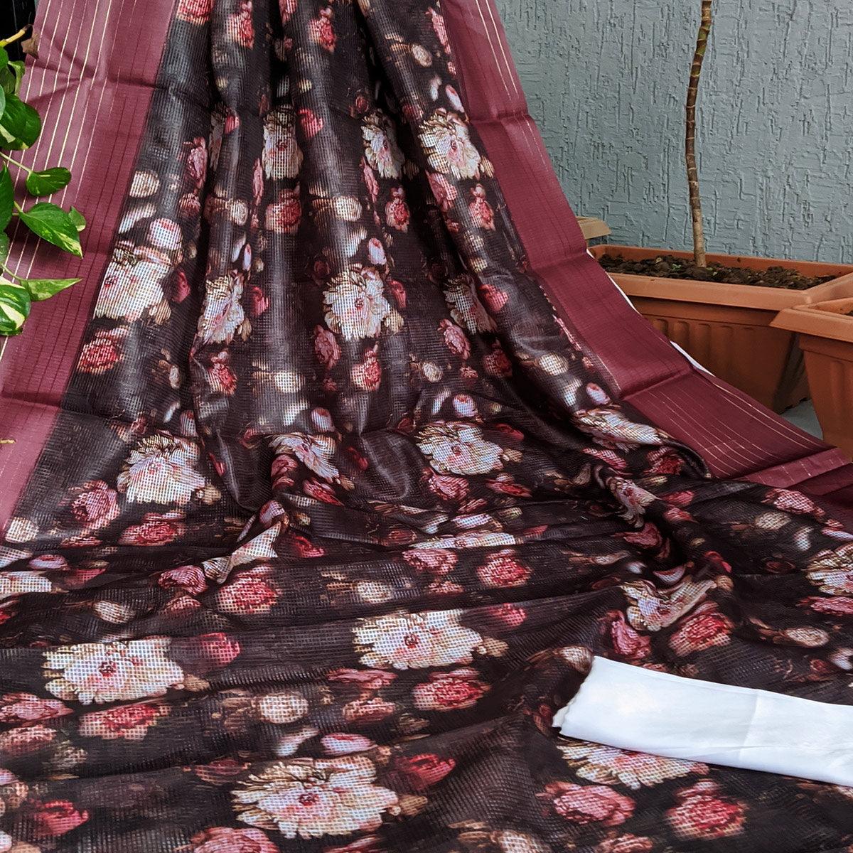 Coffee Festive Wear Floral Digital Print With Woven Border Silk Saree - Peachmode