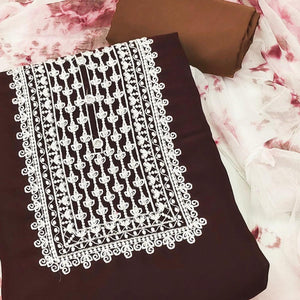 Coffee Floral Embroidered Georgette Dress Material - Peachmode