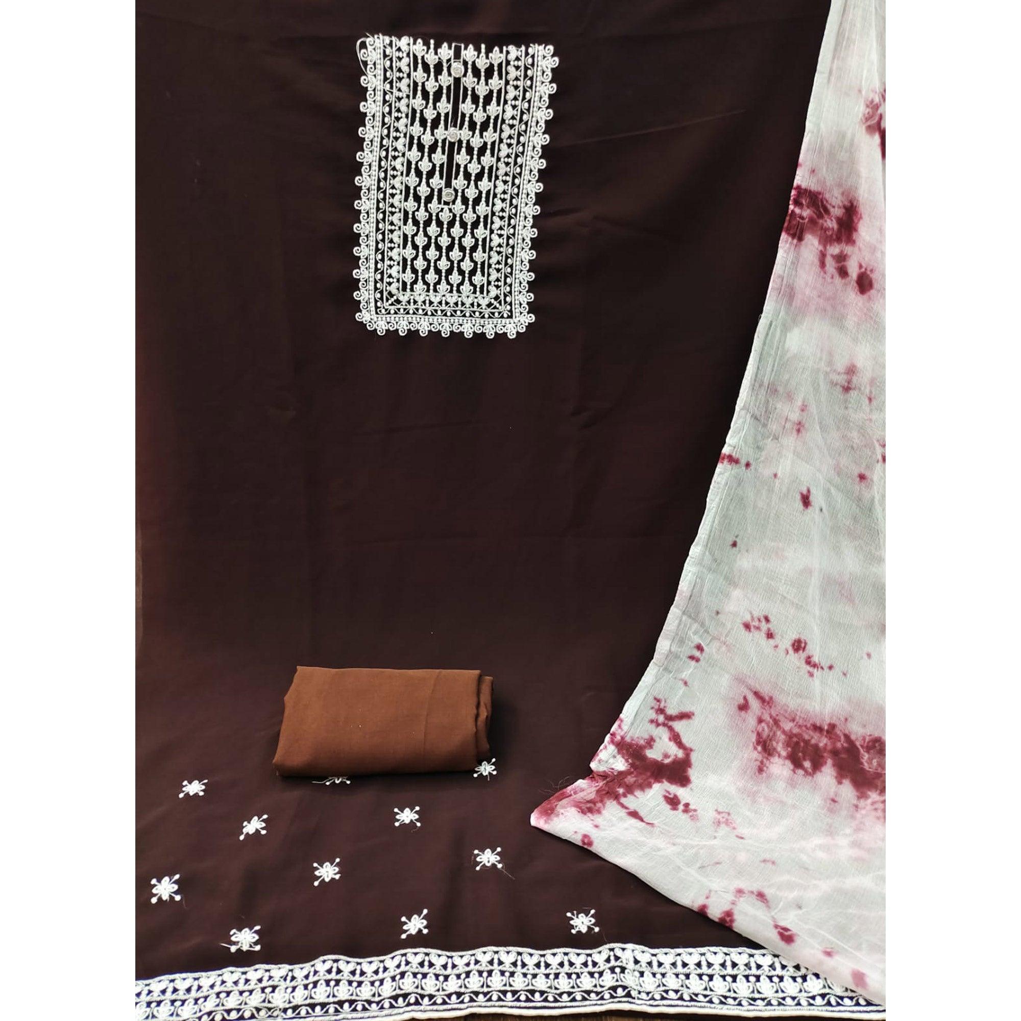 Coffee Floral Embroidered Georgette Dress Material - Peachmode