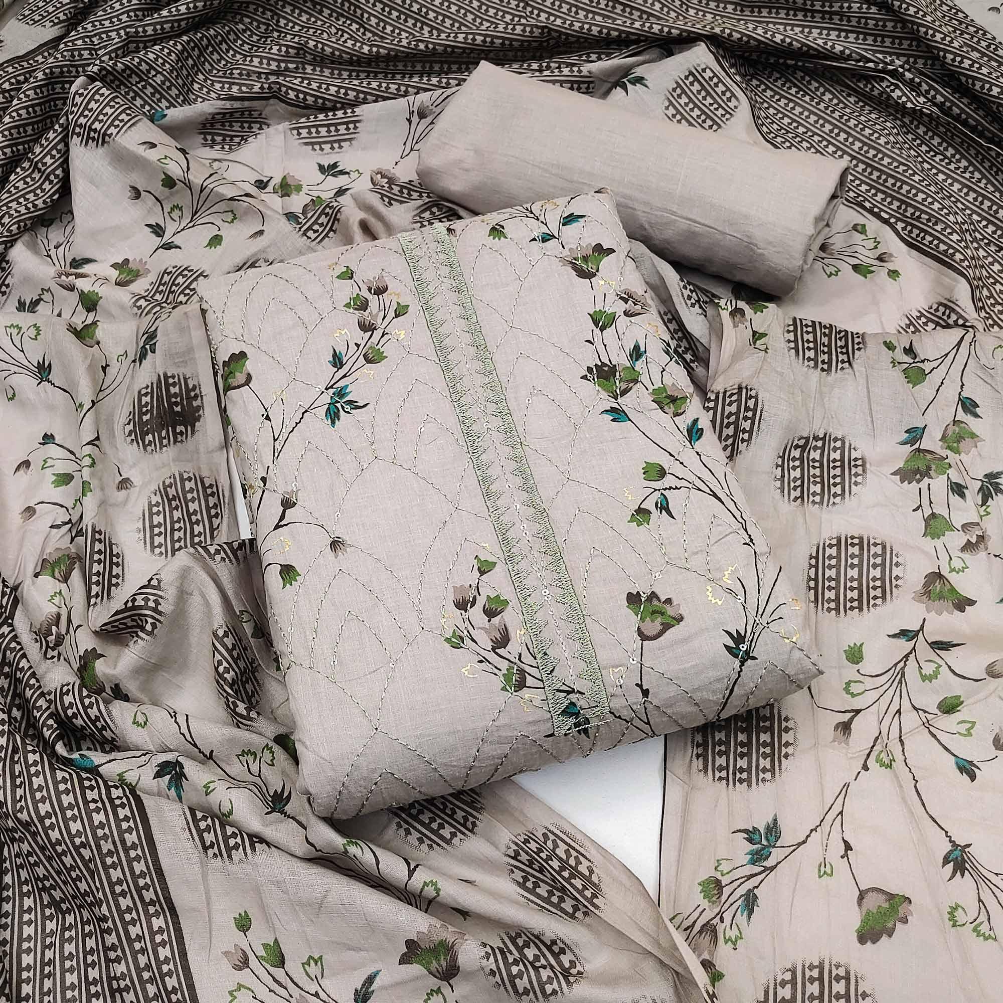 Coffee Floral Printed With Embroidered Pure Cotton Dress Material - Peachmode
