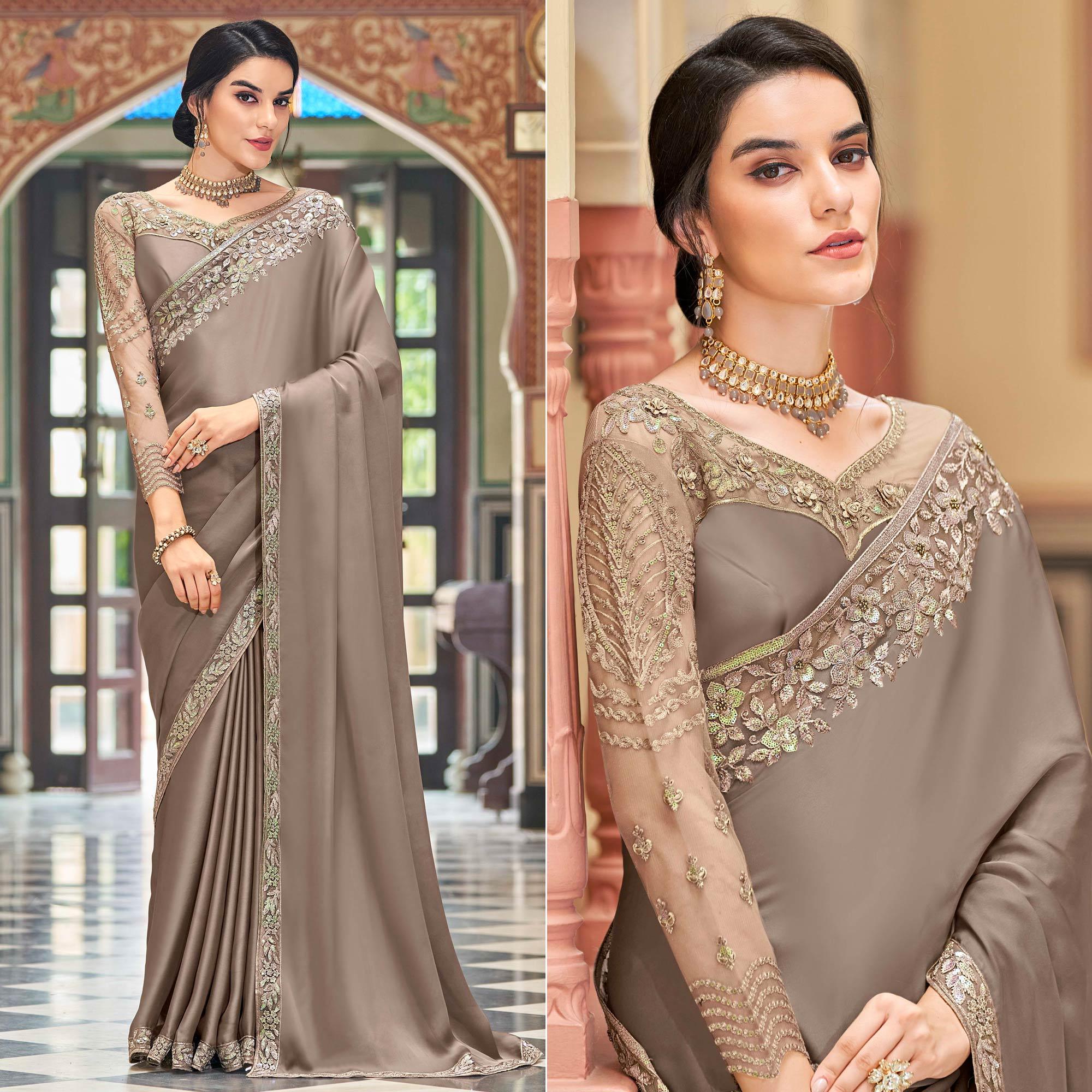 Coffee Floral Sequence Embroidered Art Silk Saree - Peachmode