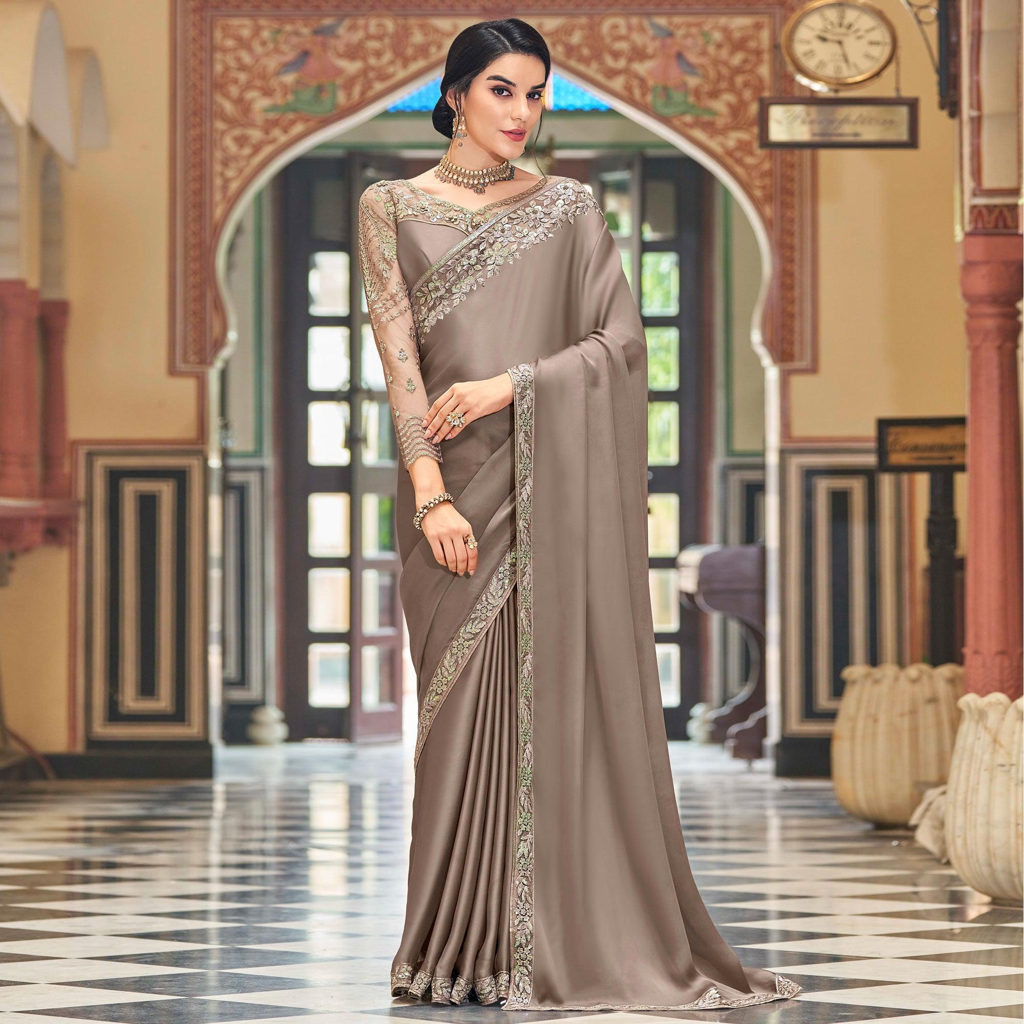 Coffee Floral Sequence Embroidered Art Silk Saree - Peachmode
