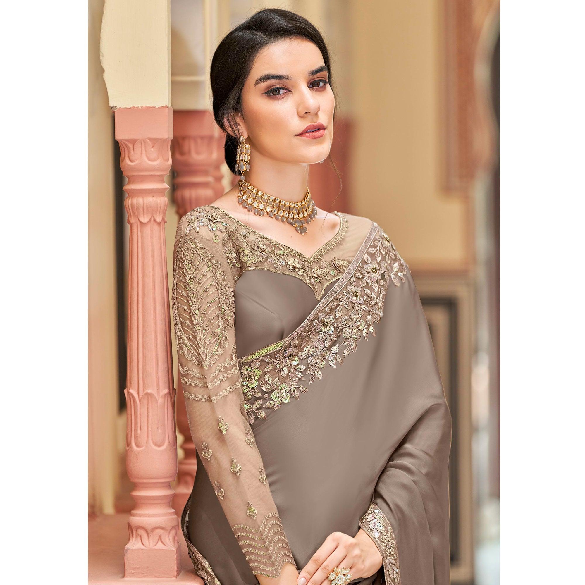 Coffee Floral Sequence Embroidered Art Silk Saree - Peachmode