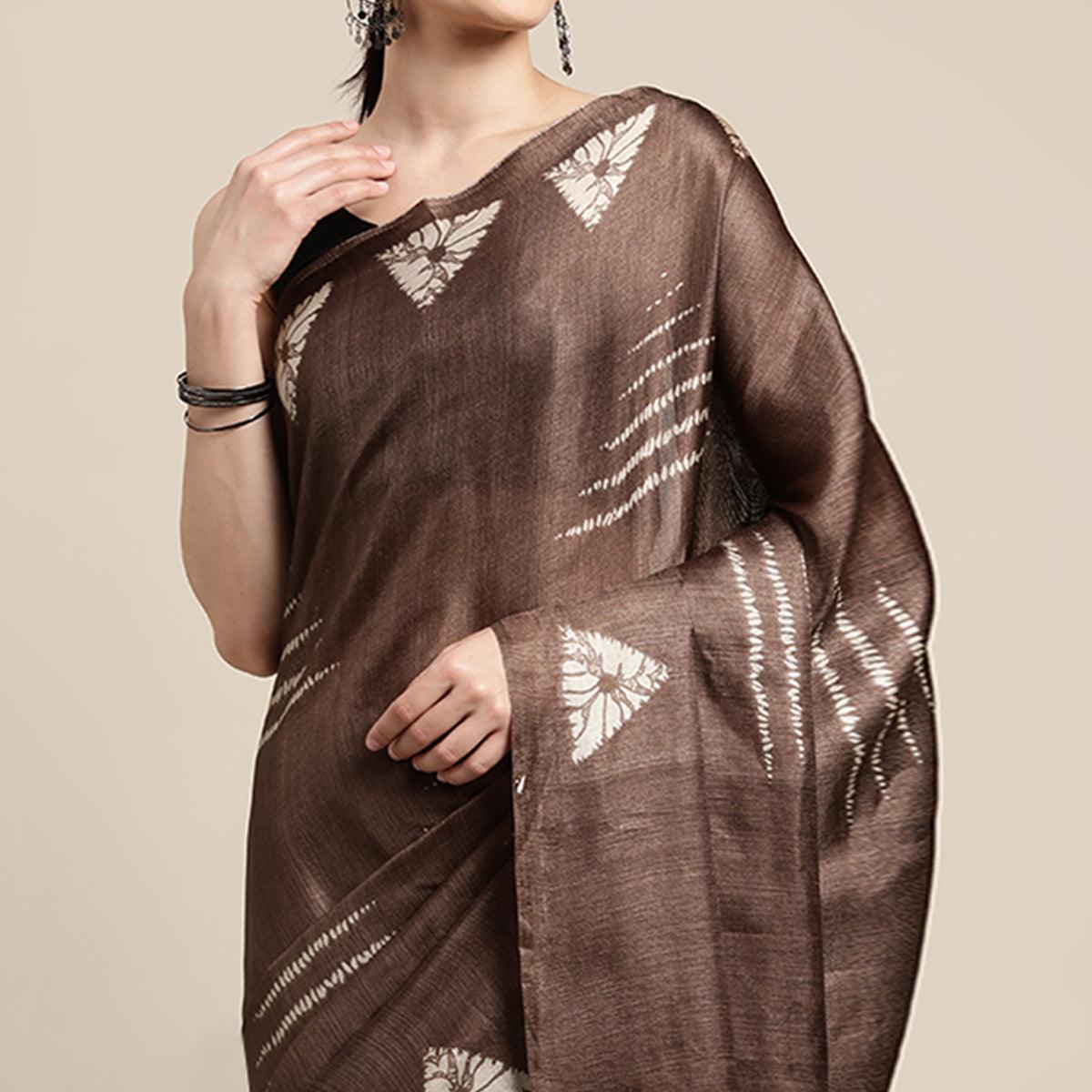 Coffee Geometric Printed Cotton Silk Saree - Peachmode
