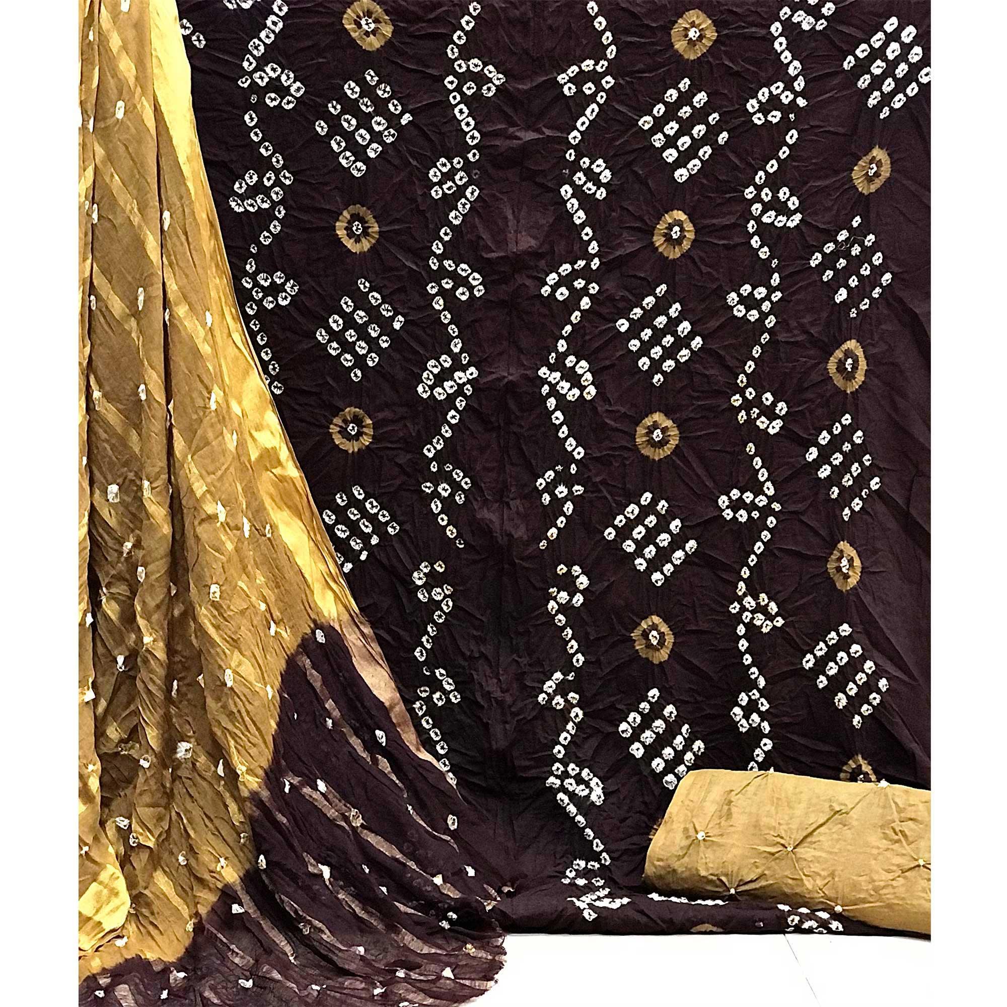 Coffee Hand Bandhani Printed Pure Cotton Dress Material - Peachmode