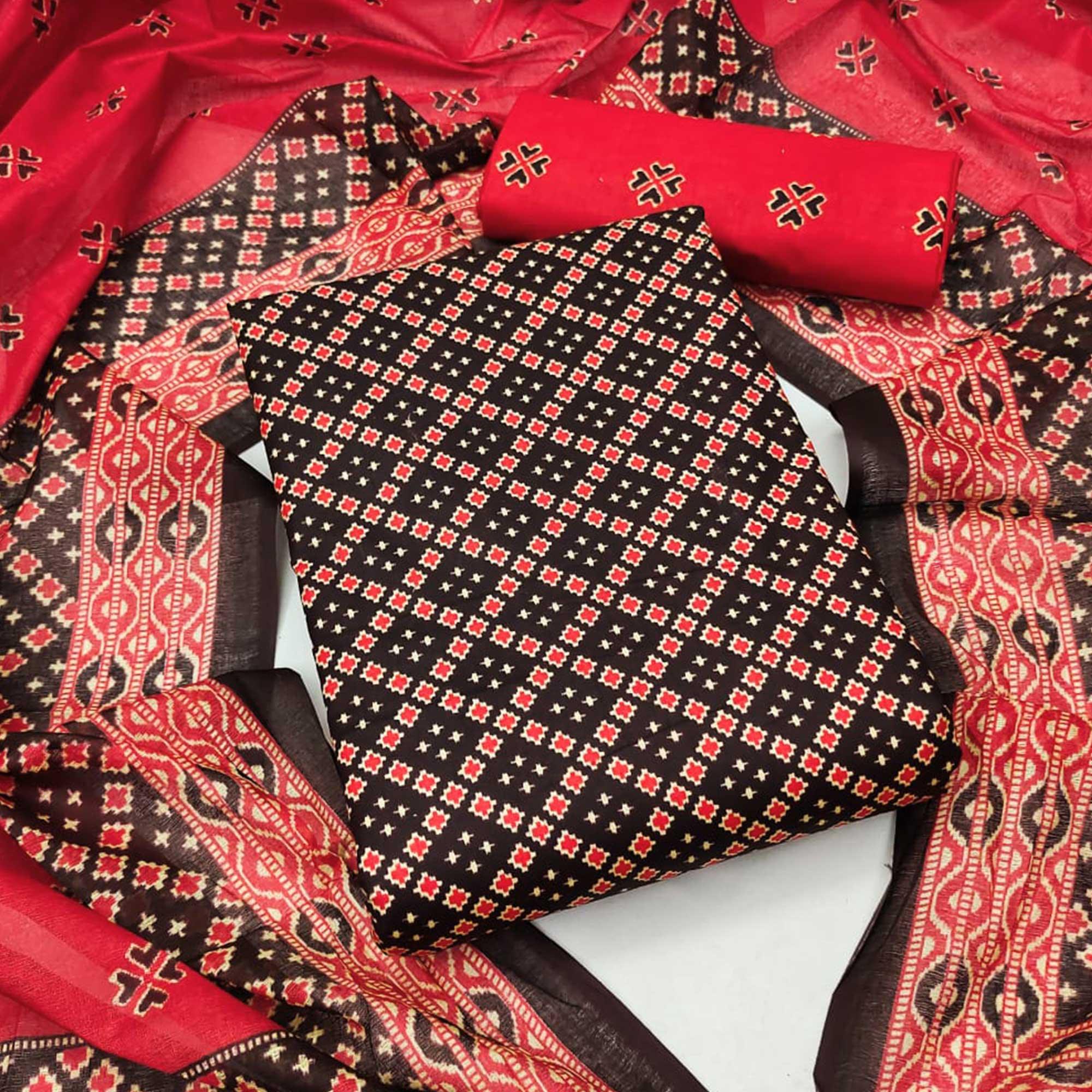 Coffee Ikkat Printed Pure Cotton Dress Material - Peachmode