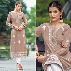 Coffee Lakhnawi Work Rayon Kurti - Peachmode