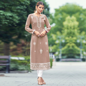 Coffee Lakhnawi Work Rayon Kurti - Peachmode