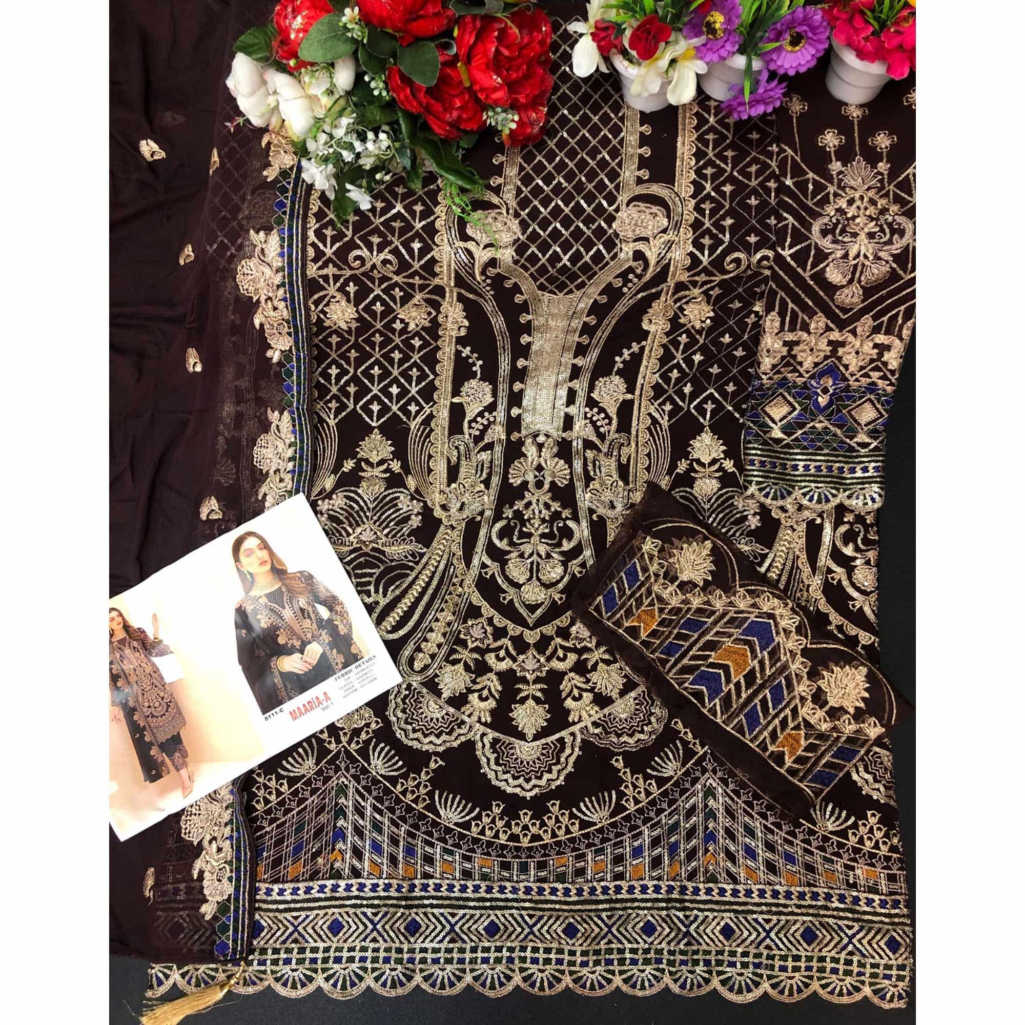 Coffee Party Wear Embroidered Georgette Pakistani Suit - Peachmode