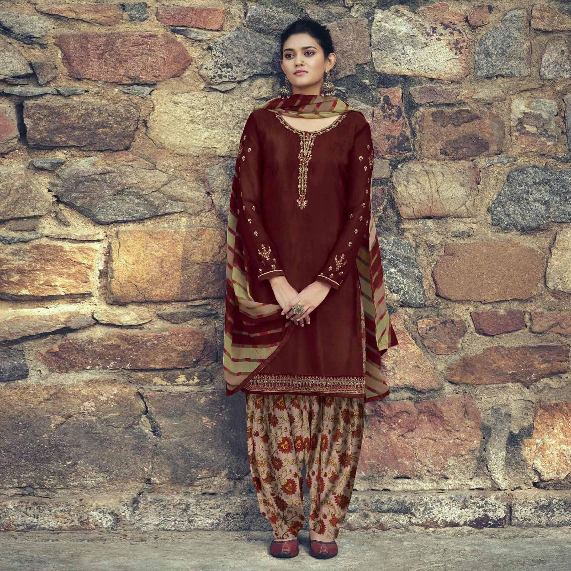 Coffee Partywear Embroidered Royal French Crepe Patiala Suit - Peachmode