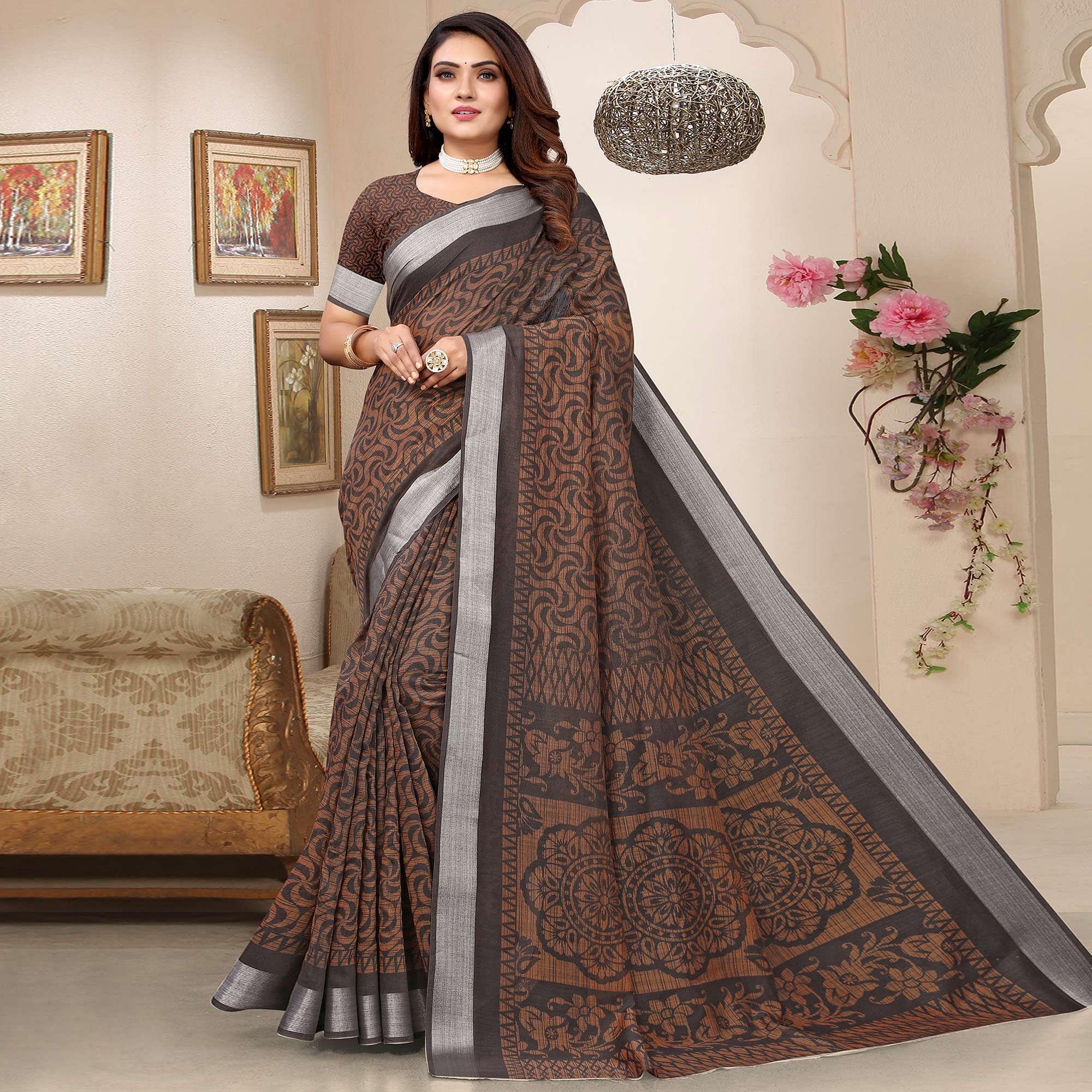 Coffee Printed Linen Saree - Peachmode