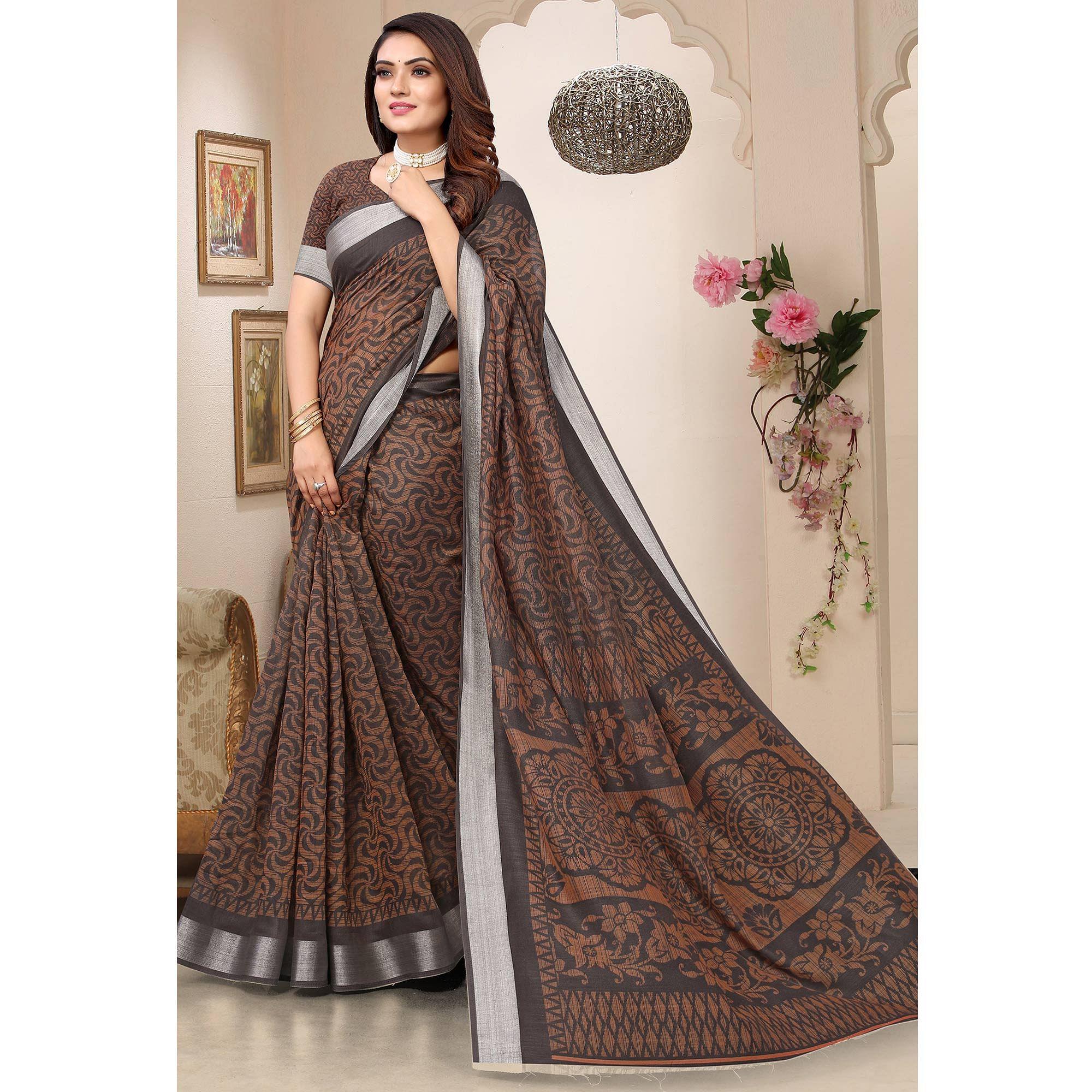 Coffee Printed Linen Saree - Peachmode