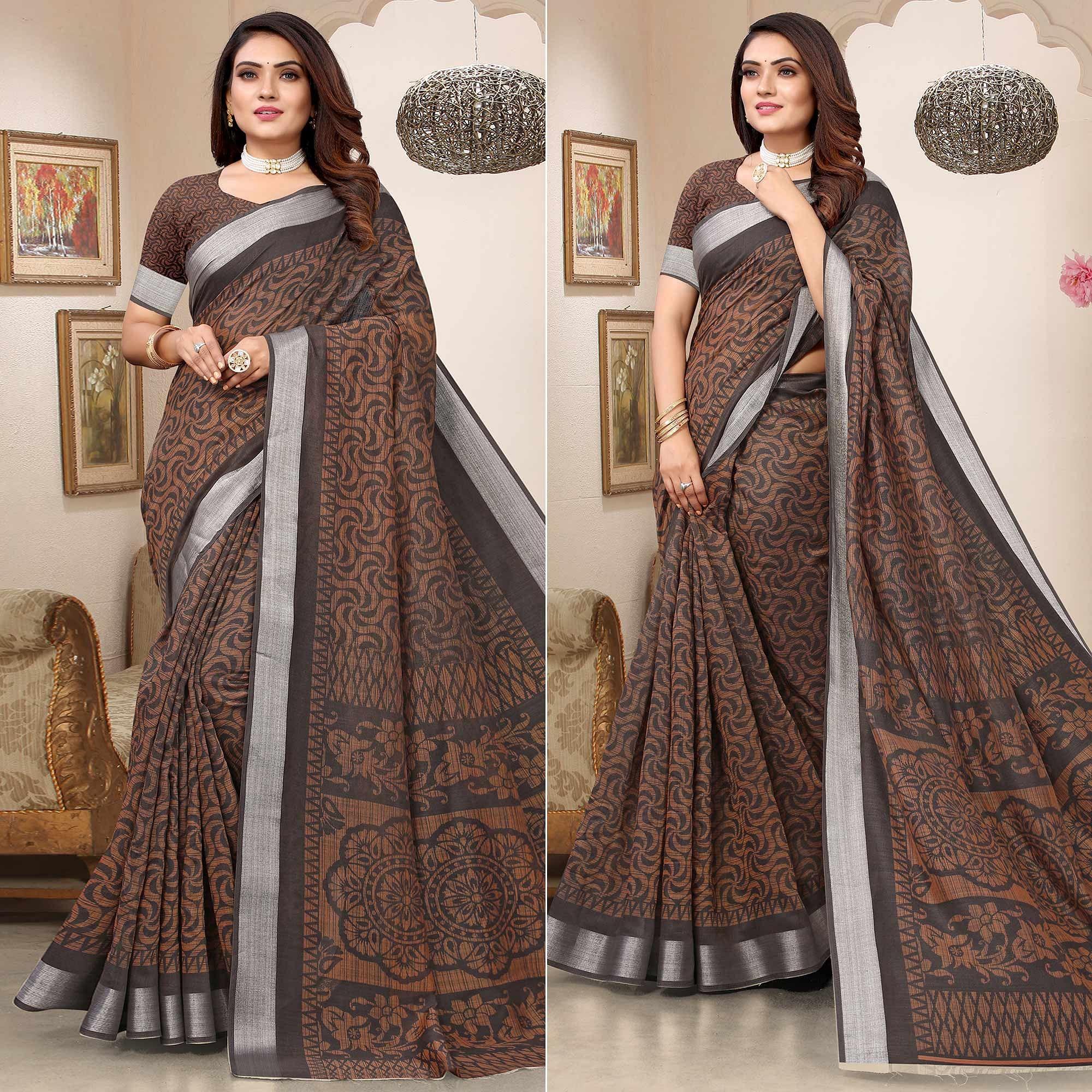 Coffee Printed Linen Saree - Peachmode