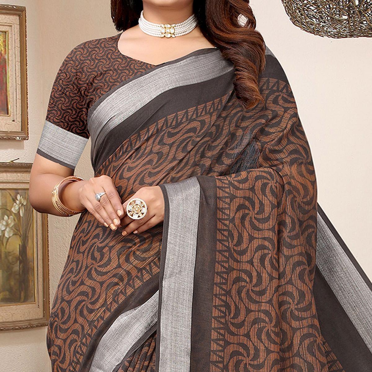 Coffee Printed Linen Saree - Peachmode