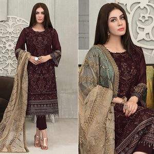 Coffee Sequence With Floral Embroidered Georgette Pakistani Suit - Peachmode
