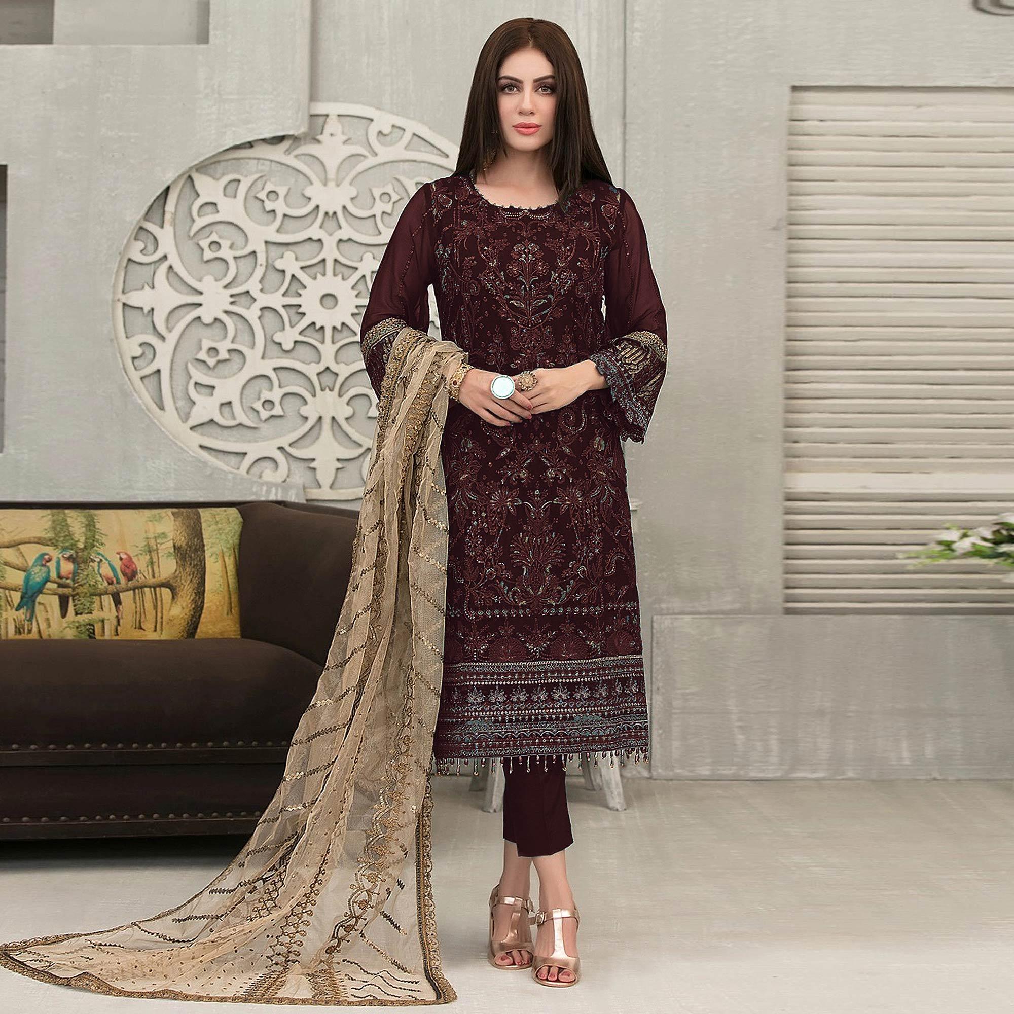 Coffee Sequence With Floral Embroidered Georgette Pakistani Suit - Peachmode