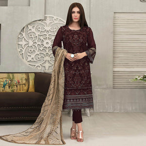 Coffee Sequence With Floral Embroidered Georgette Pakistani Suit - Peachmode