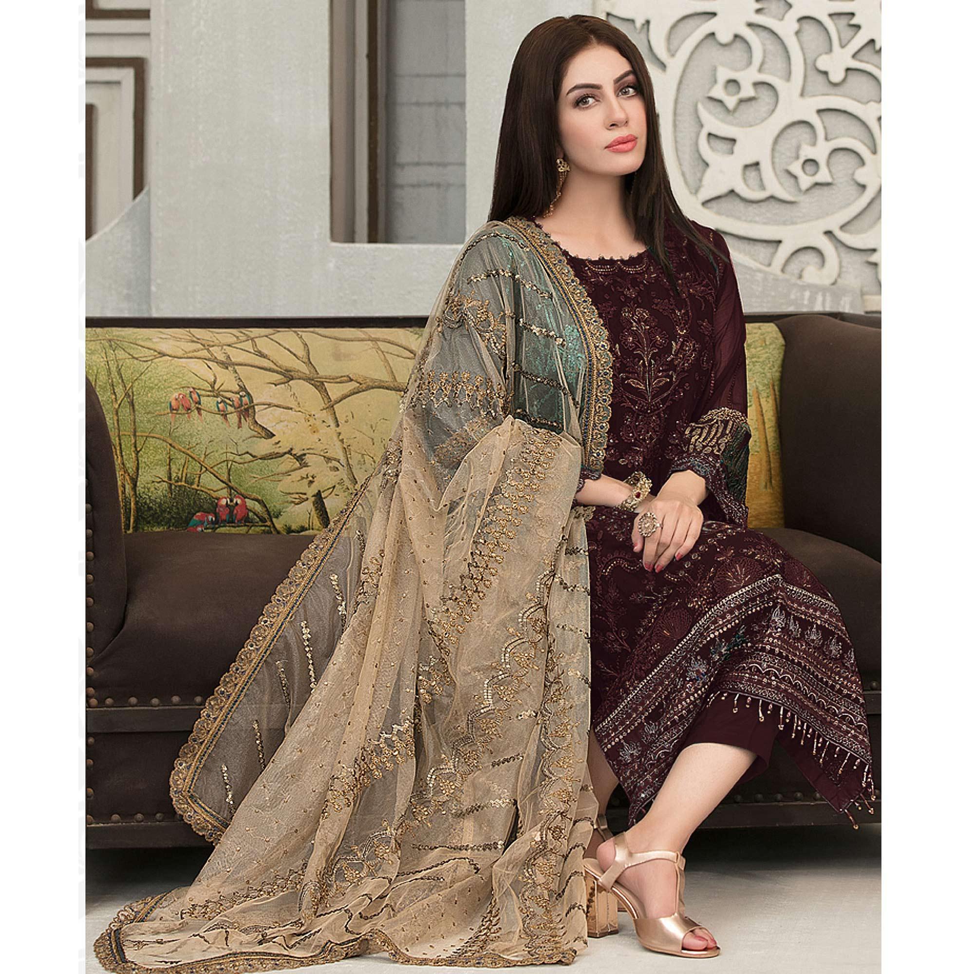 Coffee Sequence With Floral Embroidered Georgette Pakistani Suit - Peachmode