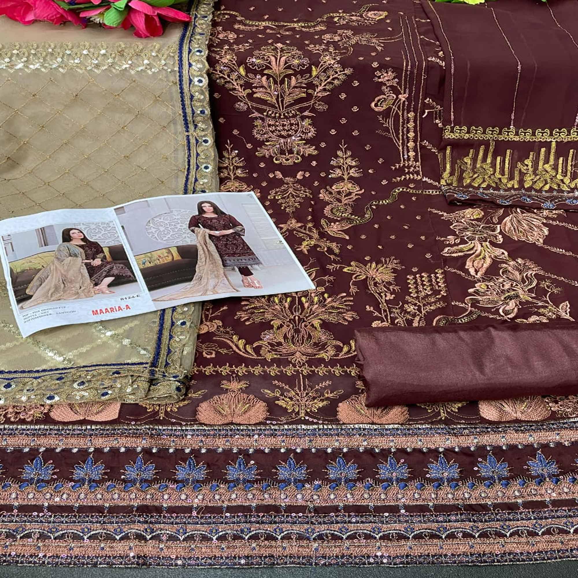 Coffee Sequence With Floral Embroidered Georgette Pakistani Suit - Peachmode