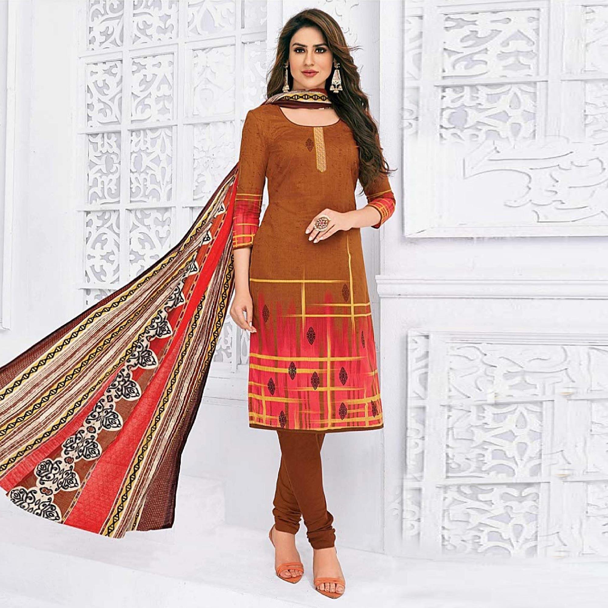 Copper Brown Casual Wear Printed Cotton Dress Material - Peachmode