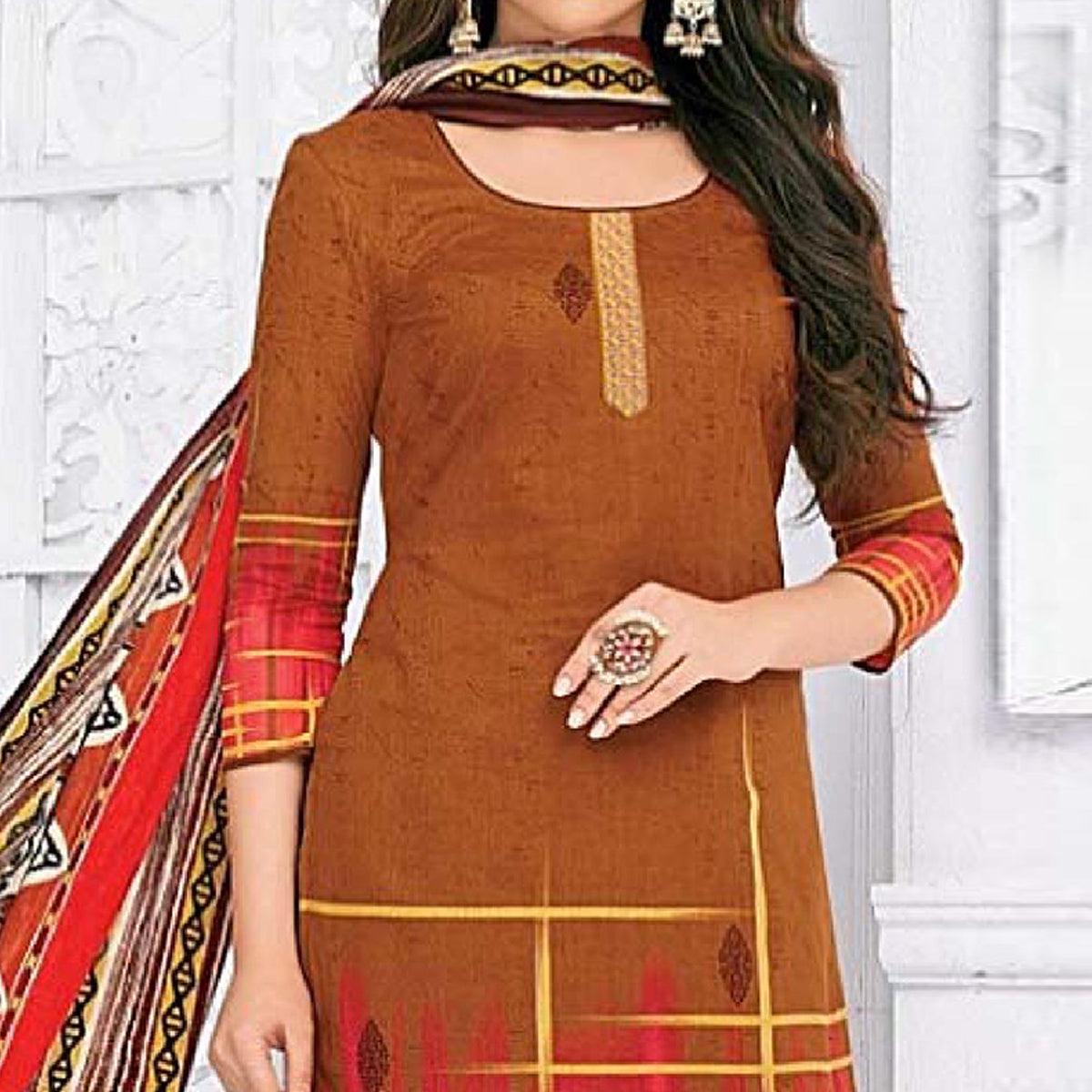 Copper Brown Casual Wear Printed Cotton Dress Material - Peachmode