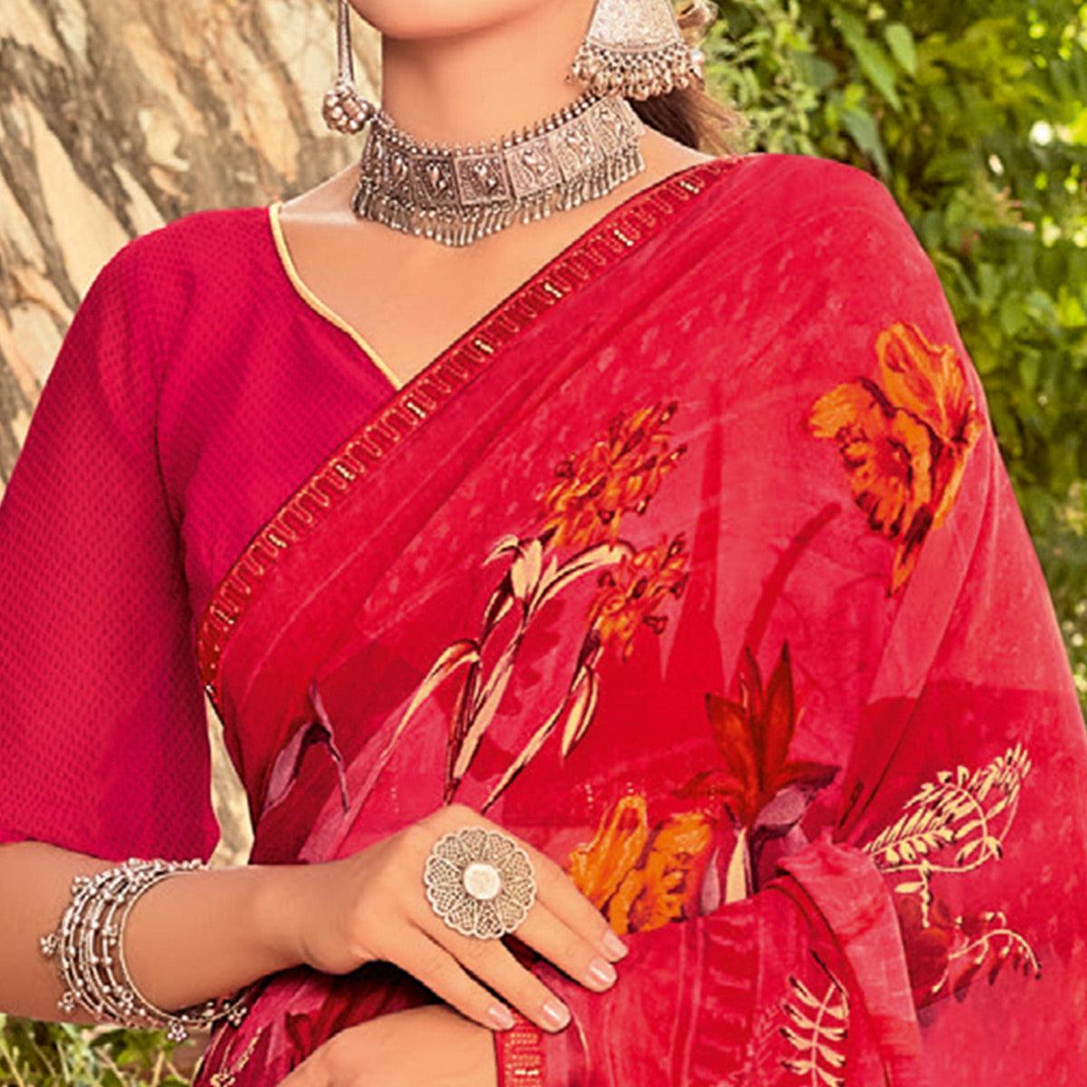 Coral Pink Casual Wear Printed Georgette Saree - Peachmode