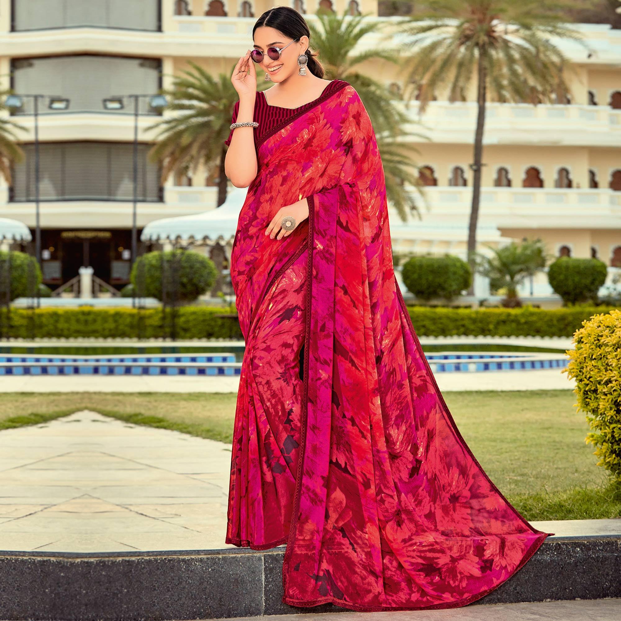 Coral Pink - Red Casual Wear Printed Georgette Saree - Peachmode