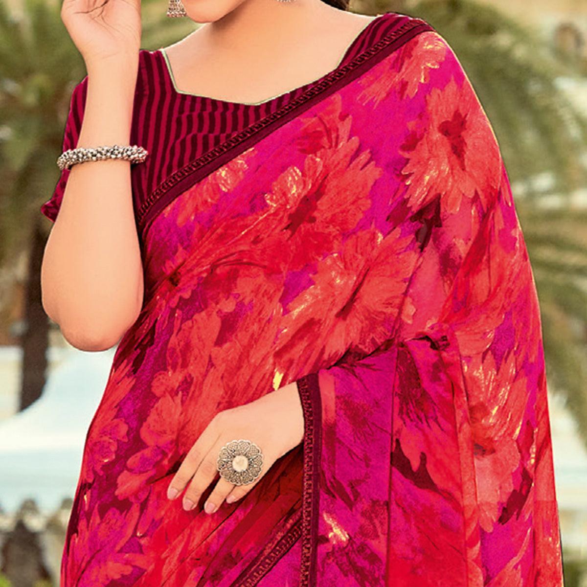 Coral Pink - Red Casual Wear Printed Georgette Saree - Peachmode