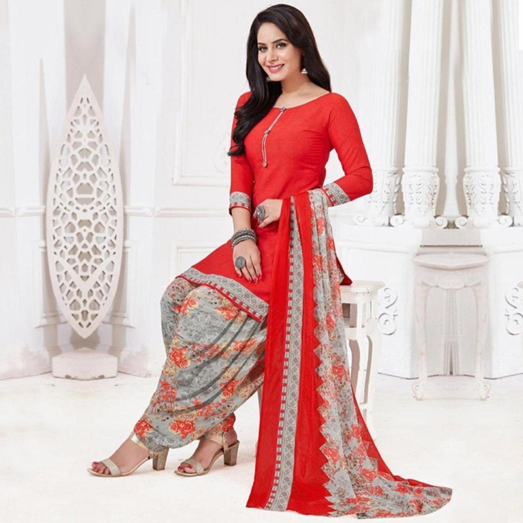 Coral Red Casual Wear Printed Leon Patiala Dress Material - Peachmode
