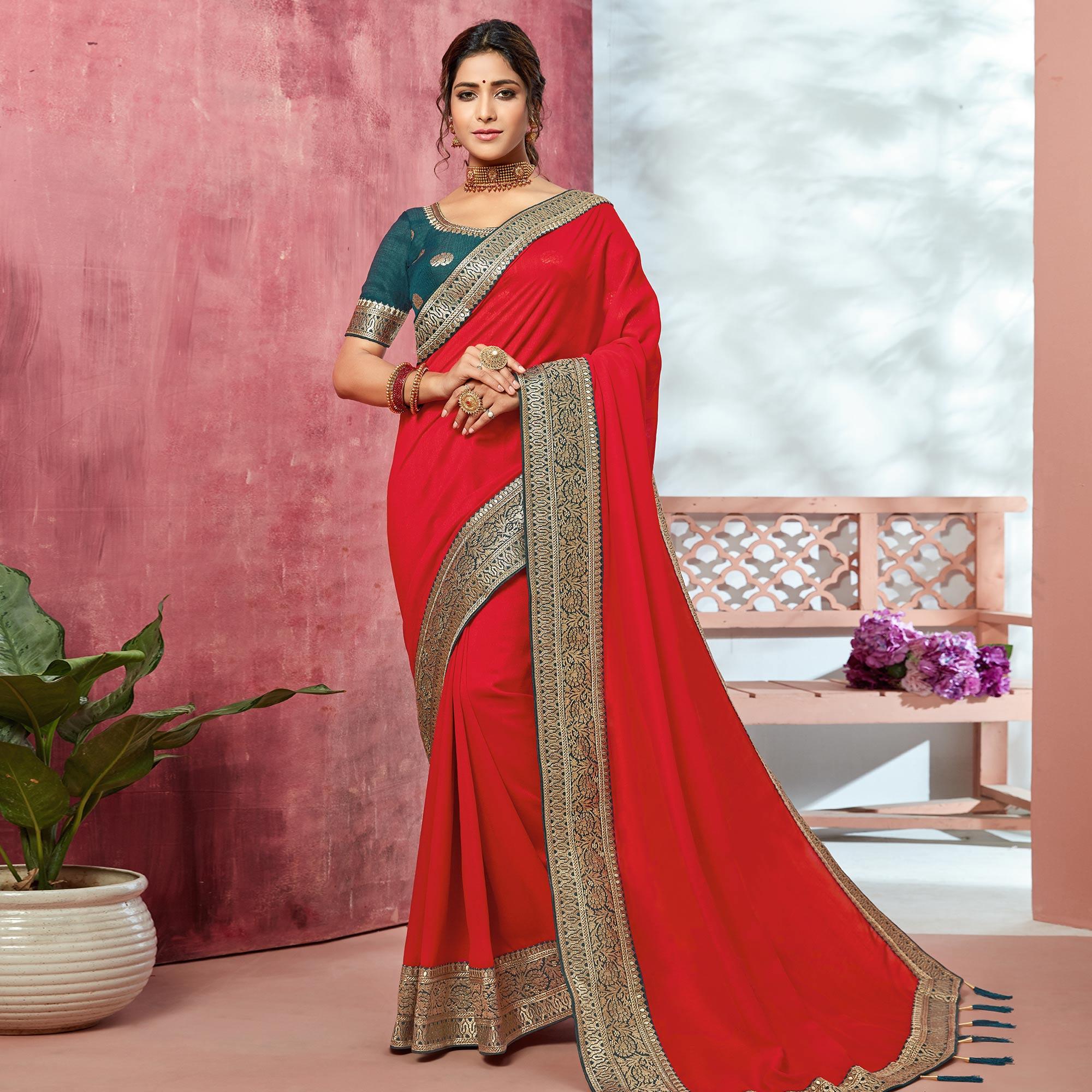 Coral Red Festive Wear Silk Saree With Embroidered Border - Peachmode