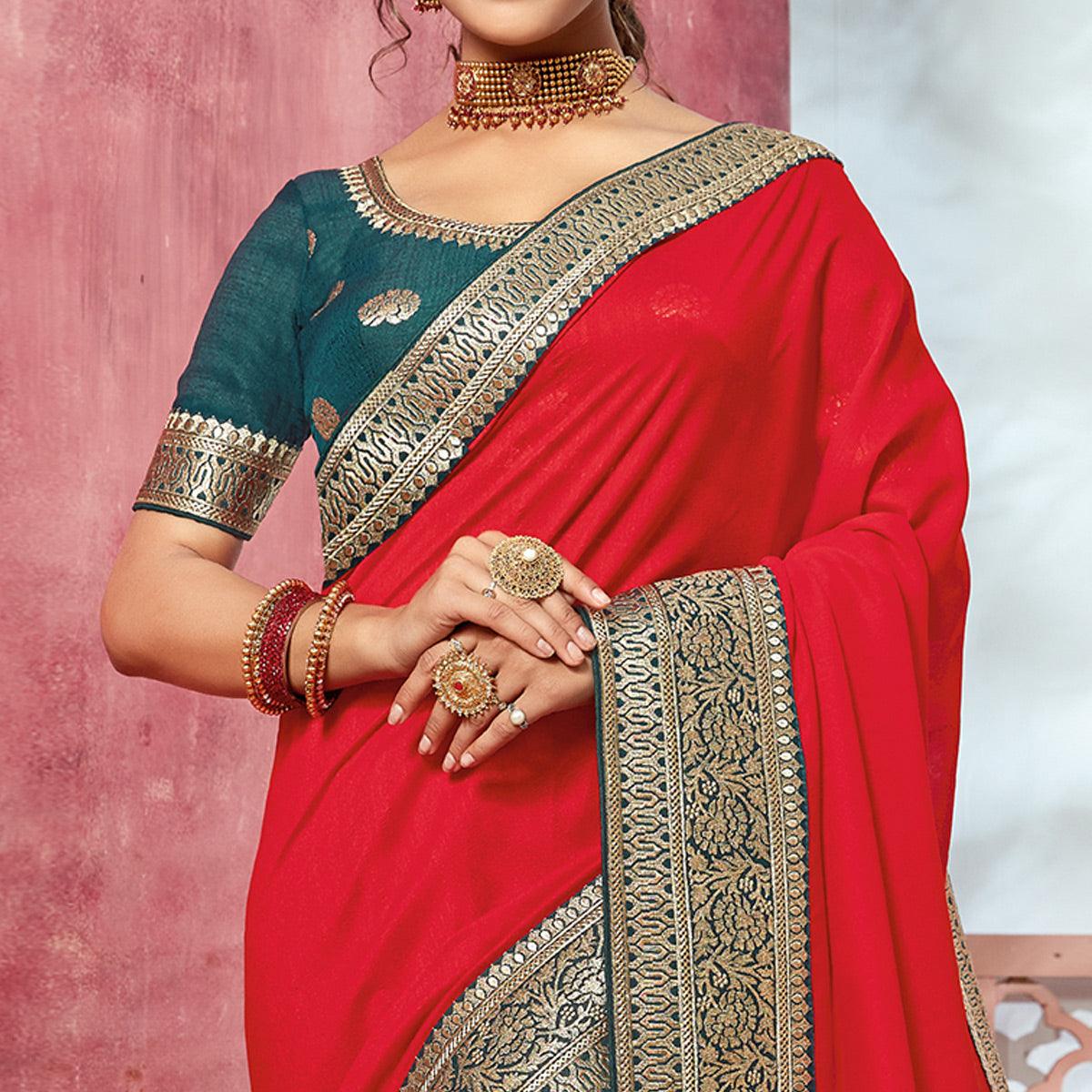 Coral Red Festive Wear Silk Saree With Embroidered Border - Peachmode