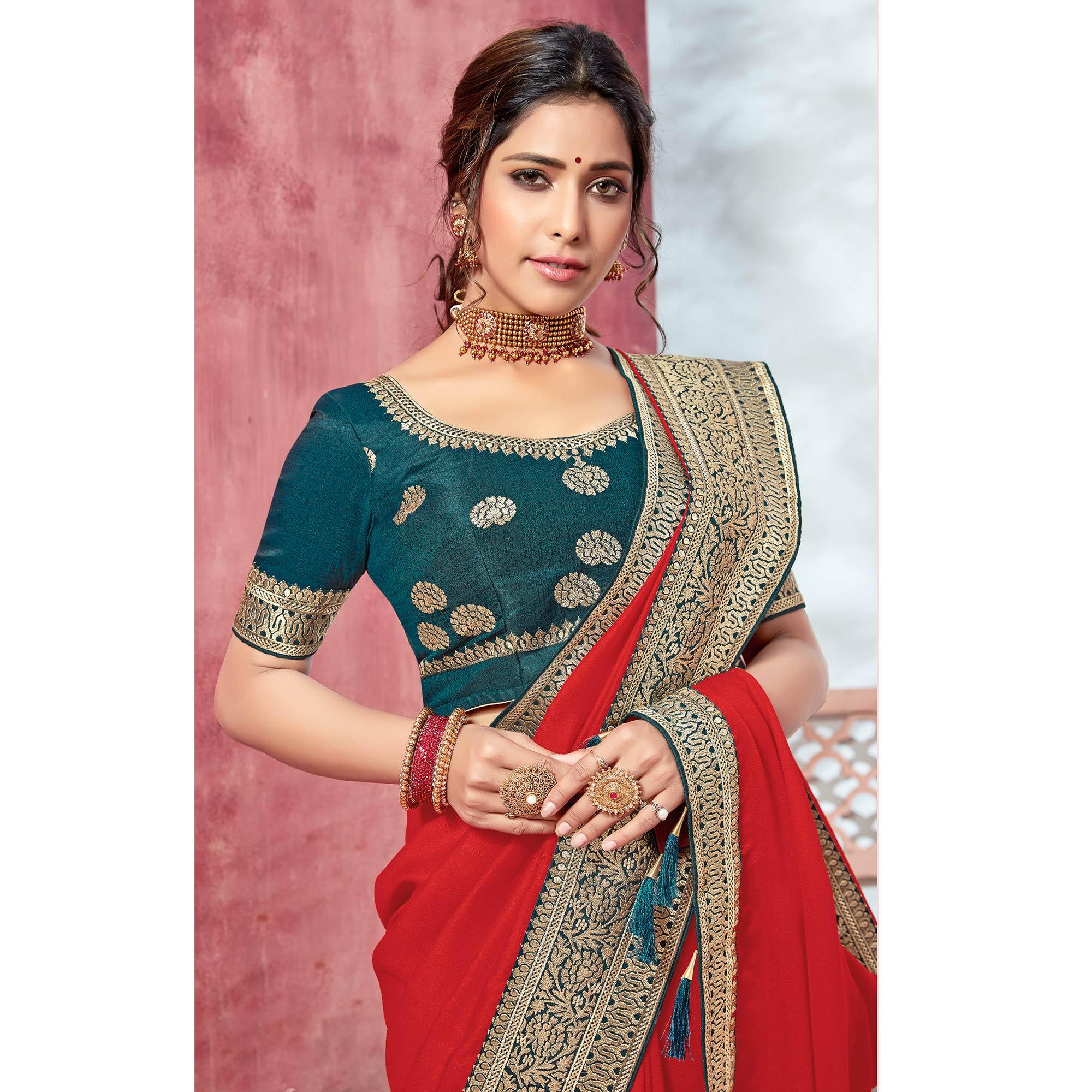 Coral Red Festive Wear Silk Saree With Embroidered Border - Peachmode