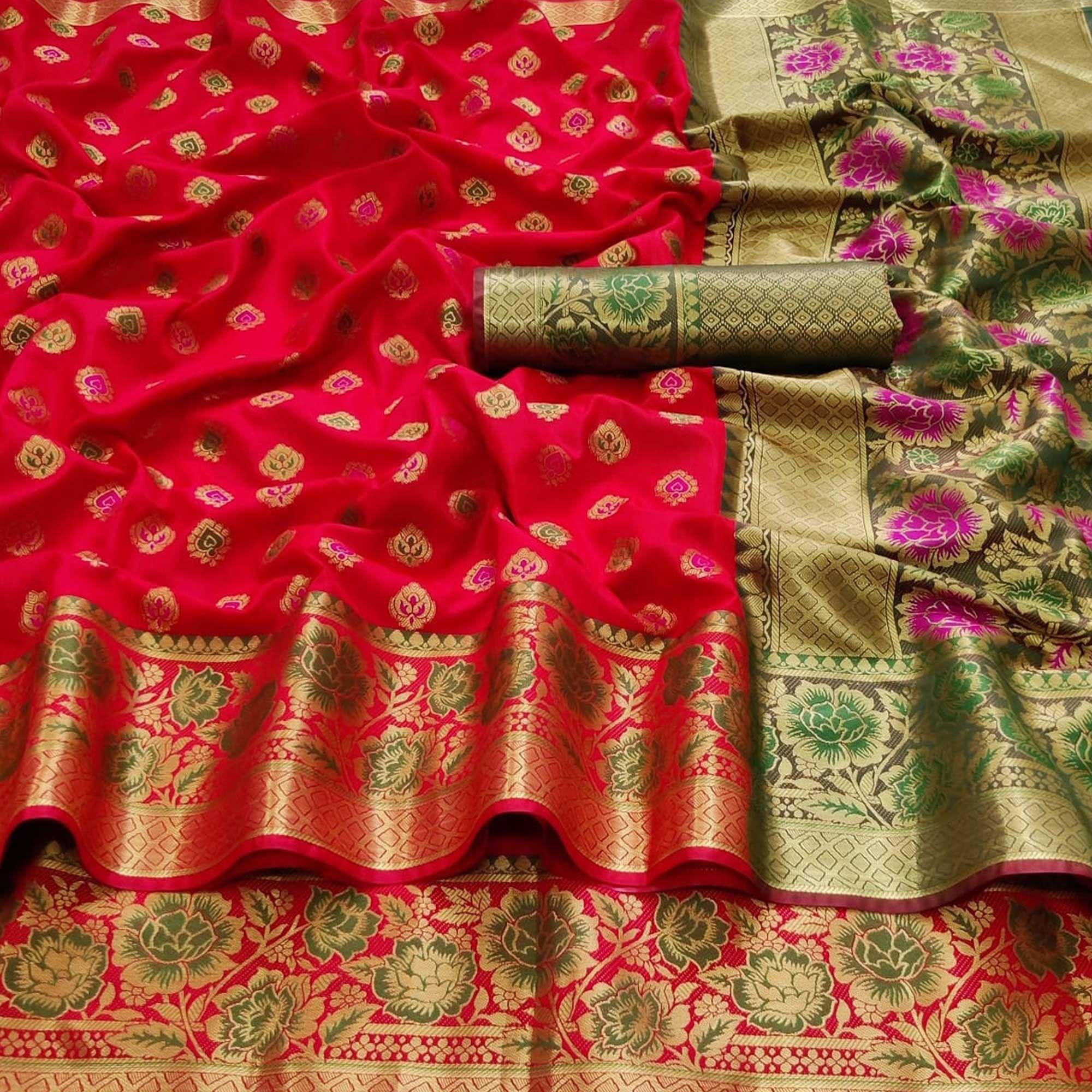 Coral Red Festive Wear Woven Silk Saree - Peachmode