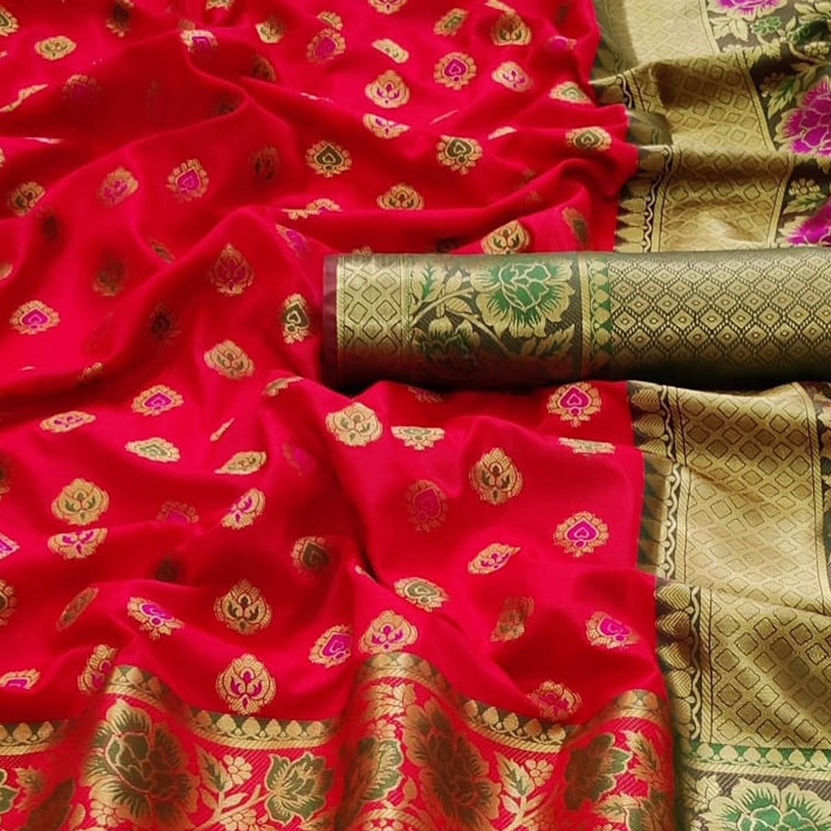 Coral Red Festive Wear Woven Silk Saree - Peachmode
