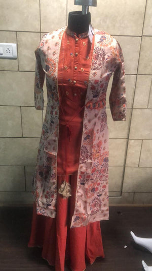 Coral Red Floral Embroidered Satin Palazzo Suit With Koti - Peachmode