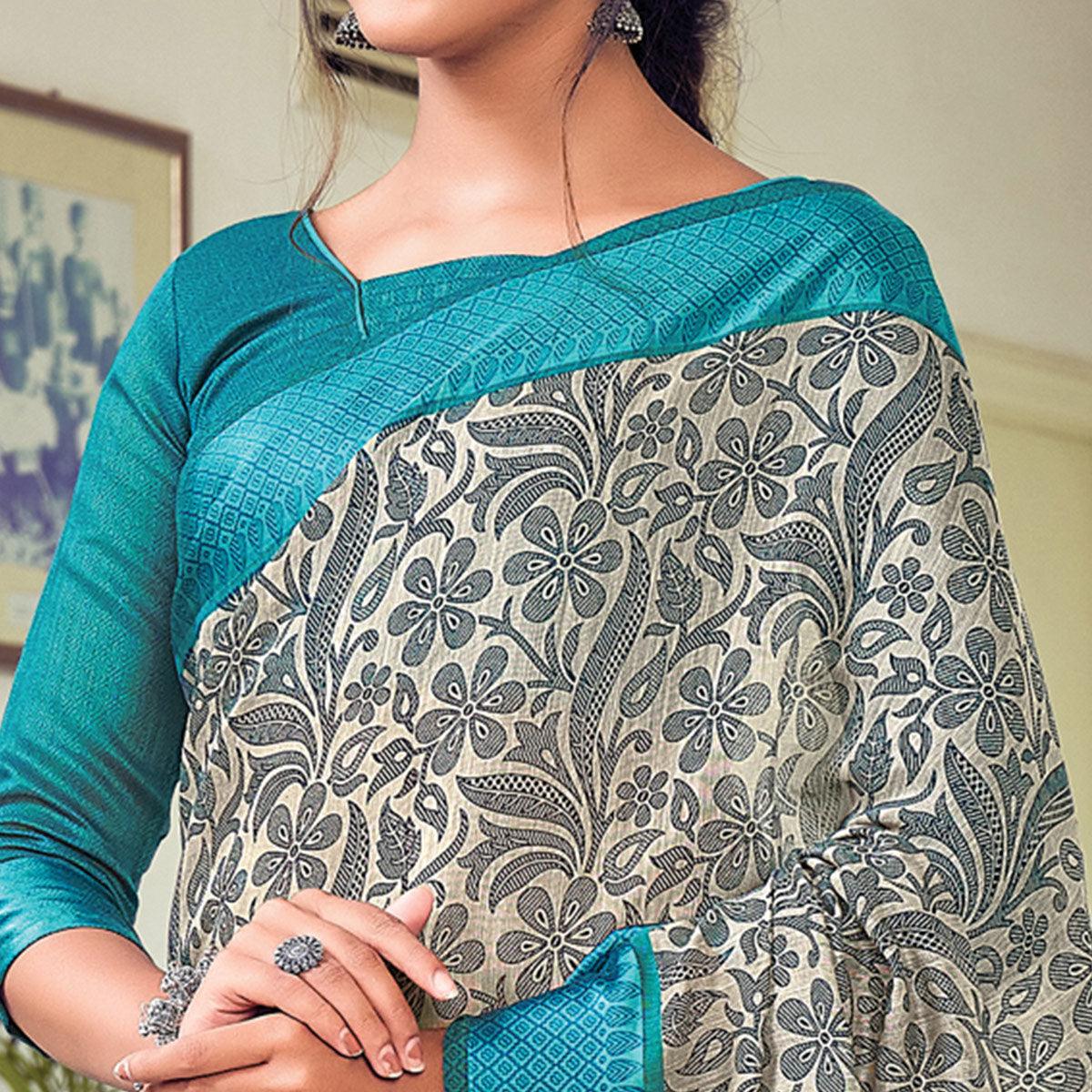 Cream & Grey Casual Wear Printed Cotton Saree - Peachmode