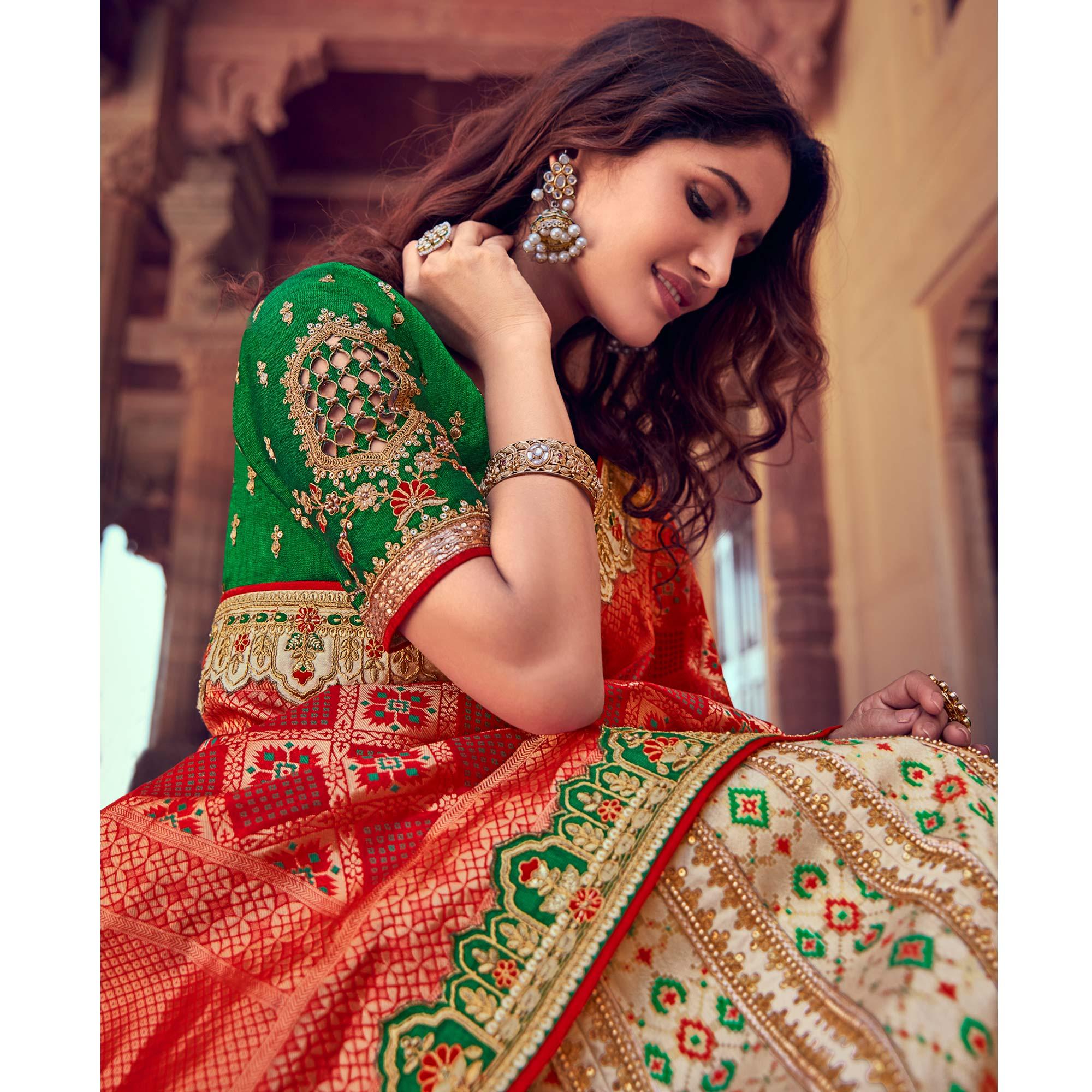 Cream & Red Wedding Wear Woven & Embroidered Silk Lehenga Choli - Peachmode