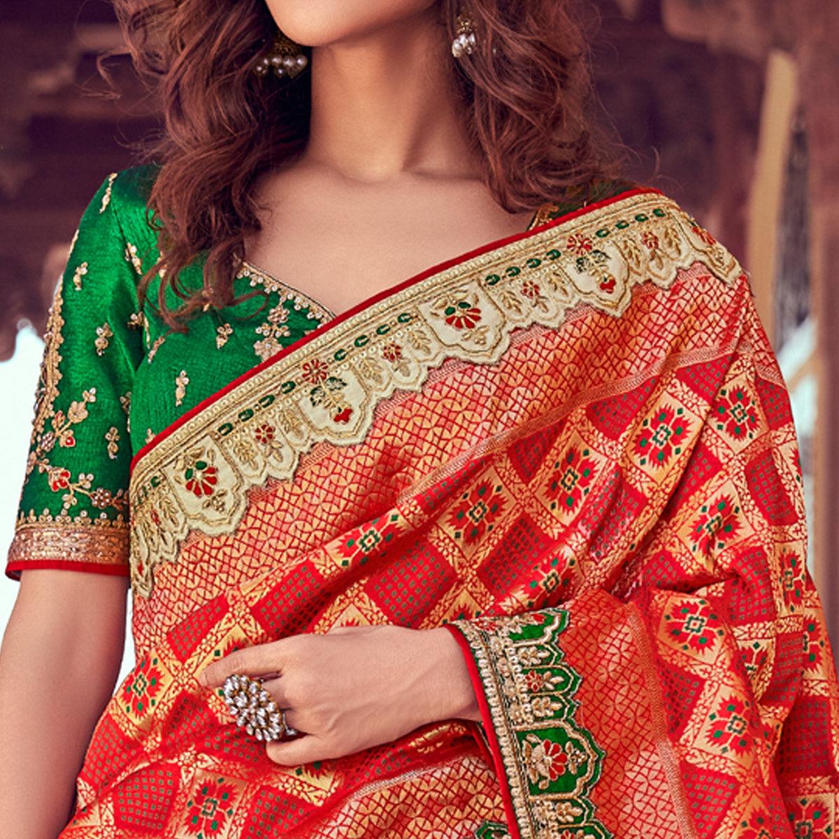 Cream & Red Wedding Wear Woven & Embroidered Silk Lehenga Choli - Peachmode