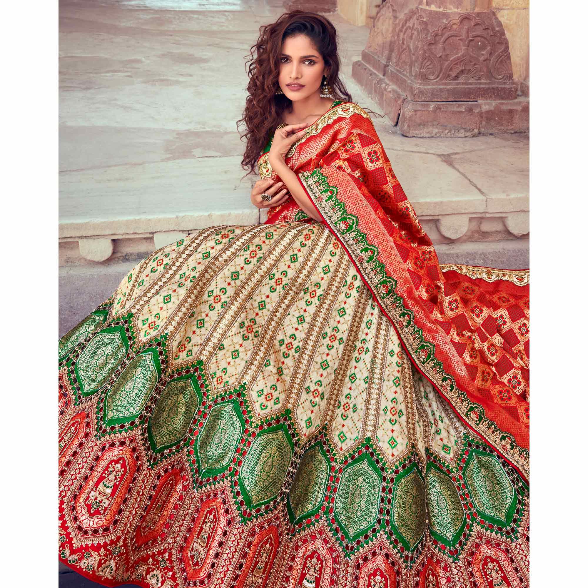 Cream & Red Wedding Wear Woven & Embroidered Silk Lehenga Choli - Peachmode