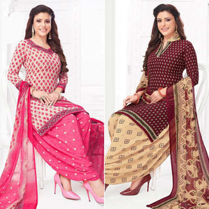 Cream And Wine Patiala Crepe Dress Material Pack Of 2 - Peachmode