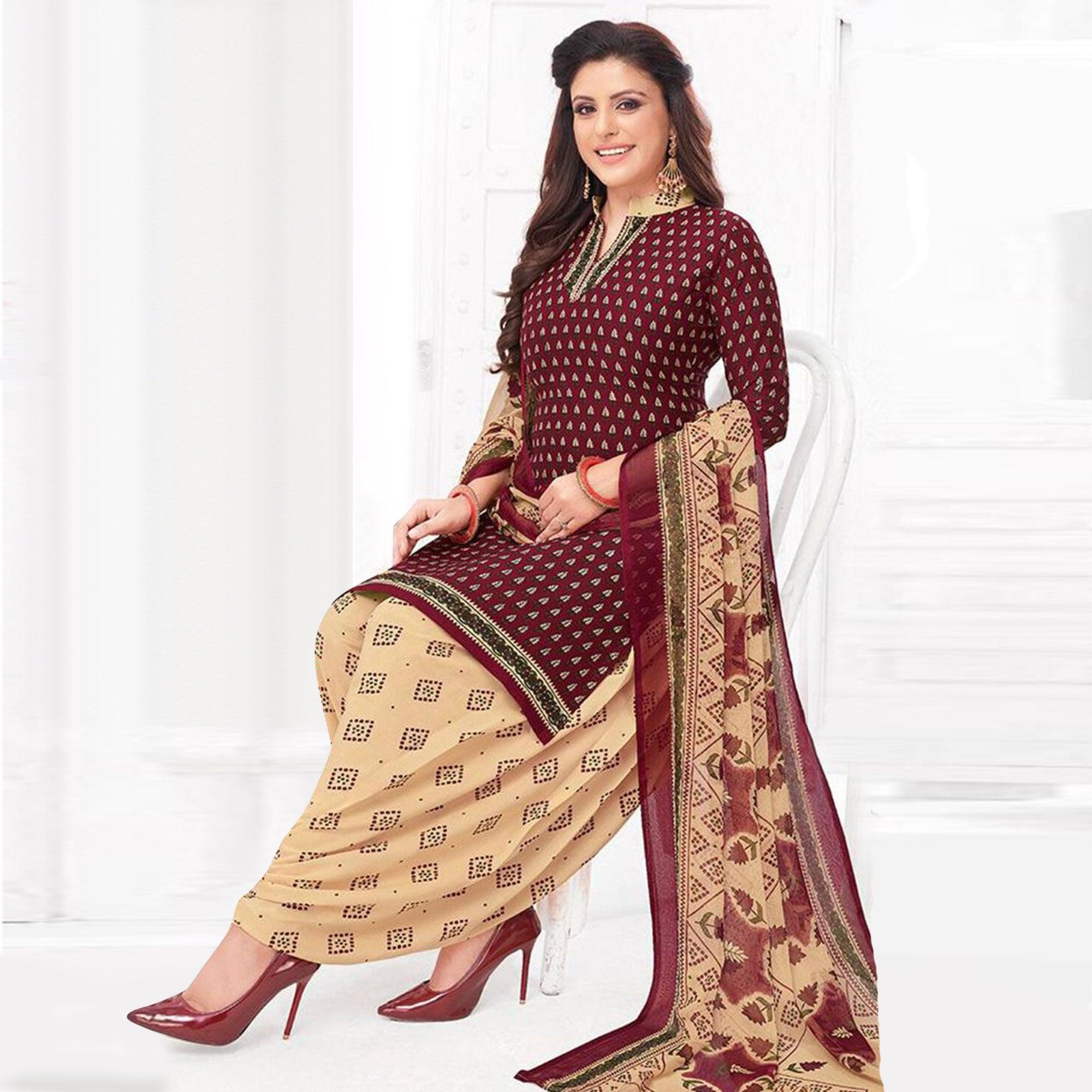 Cream And Wine Patiala Crepe Dress Material Pack Of 2 - Peachmode